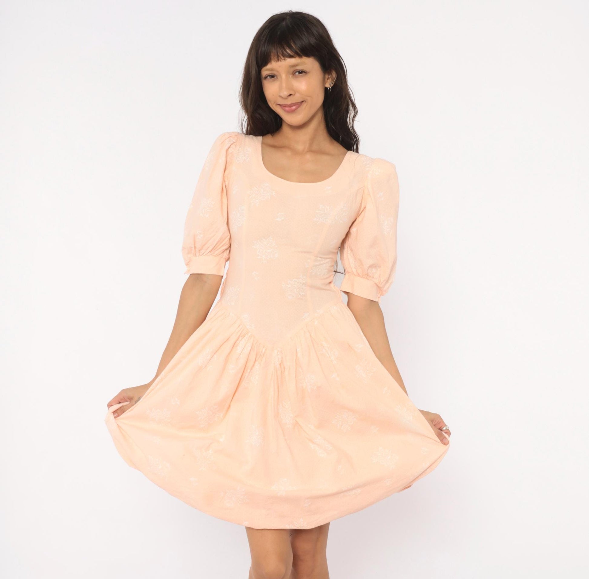 80s J.B.Xpress Puff Sleeve Mini Dress Peach Floral Cotton Basque Waist Extra Small XS