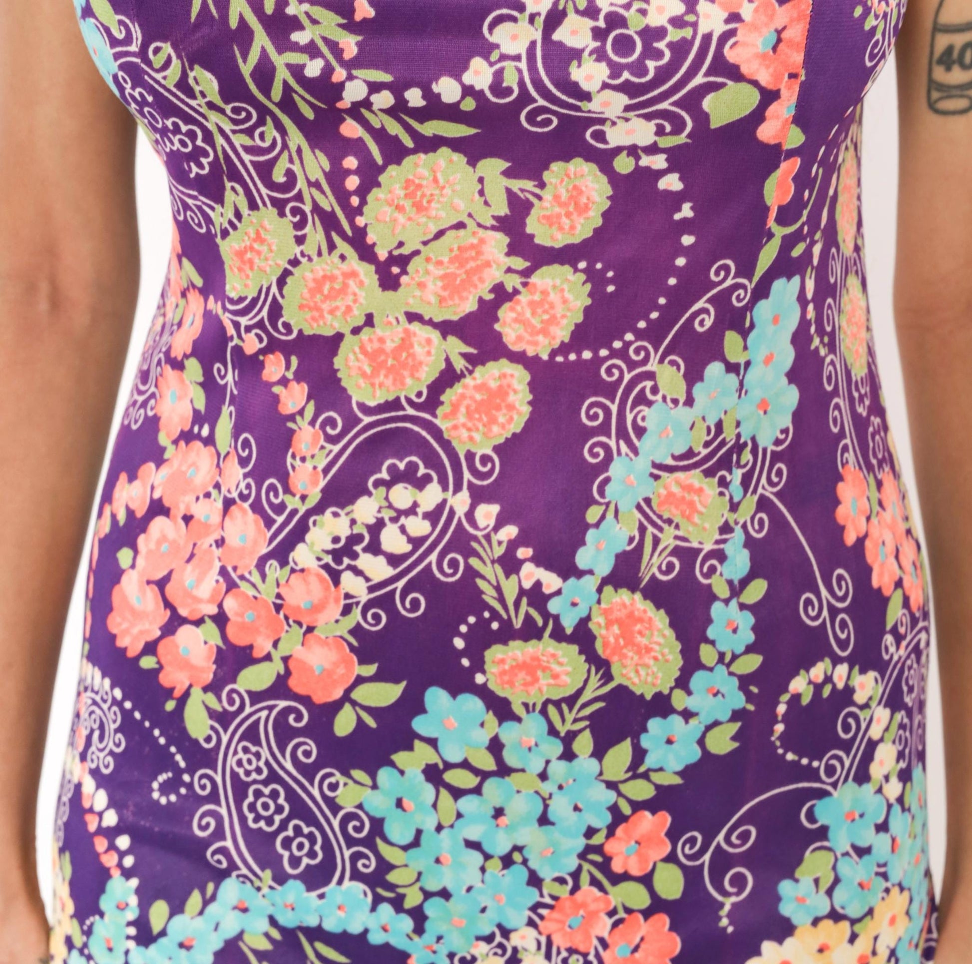 70s Purple Floral Cheongsam Mini Dress Mandarin Collar Frog Closure XS