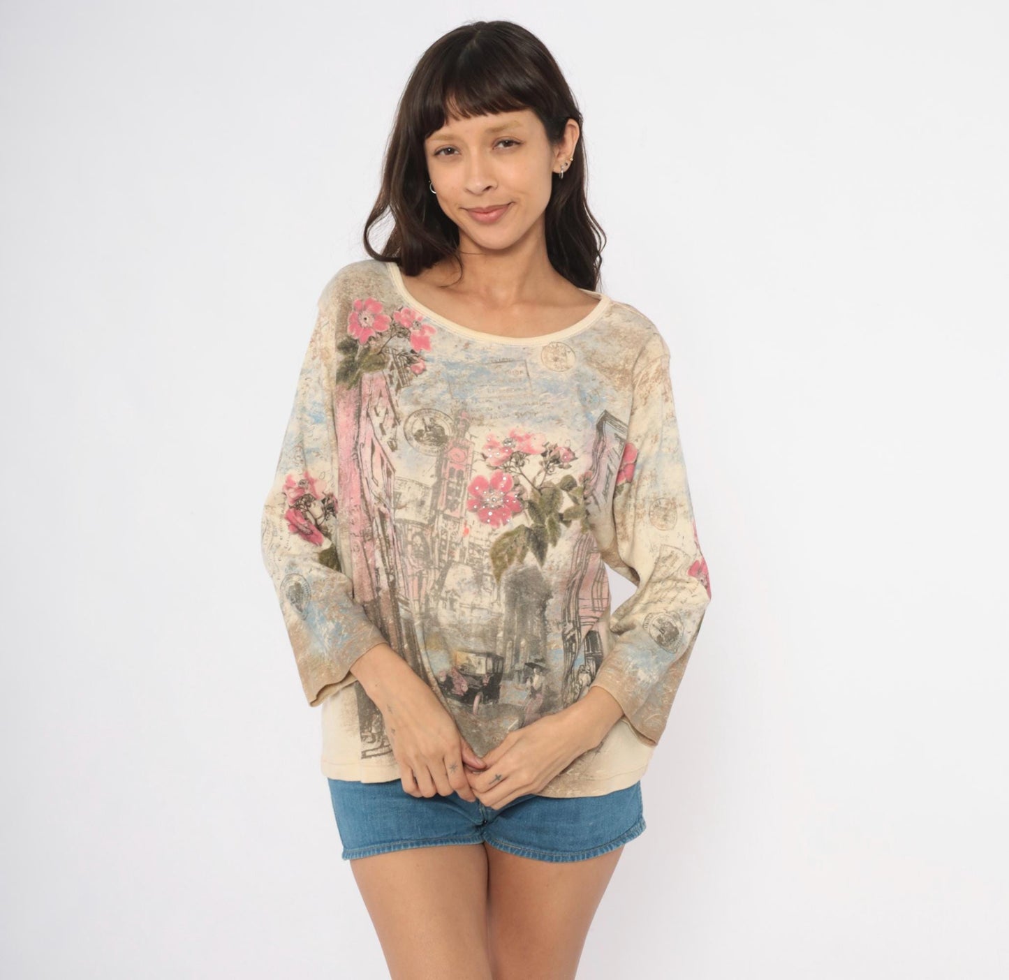 Y2K CJ Banks Parisian Street Scene Graphic Tee Three-Quarter Sleeve Cotton Tan Plus Size 1X
