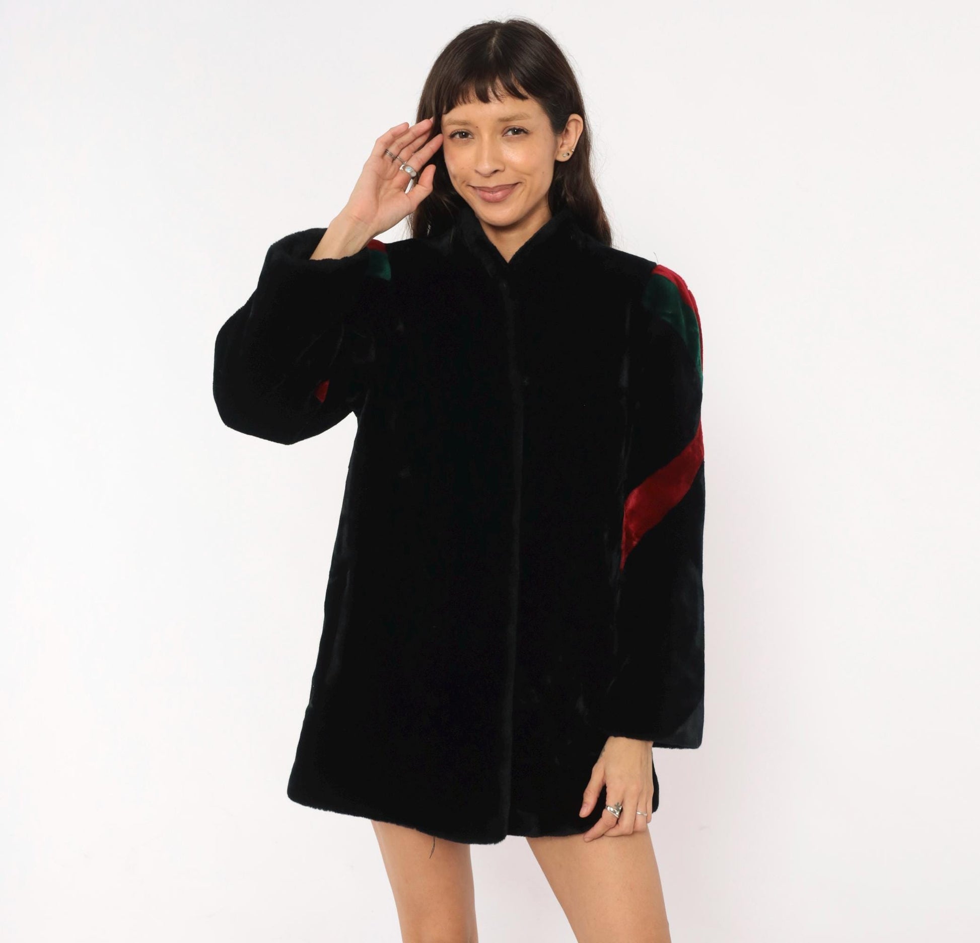 80s Sasson Faux Fur Coat Black Colorblock Stripe Stand Collar Medium M