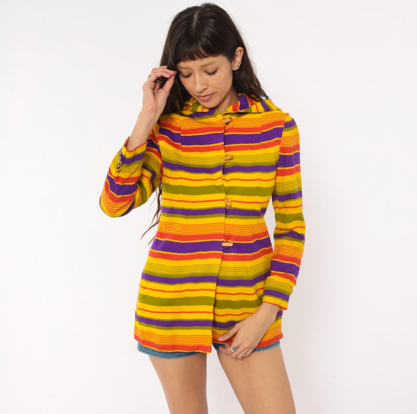 70s Striped Hooded Jacket Multicolor Rainbow Button Front Extra Small