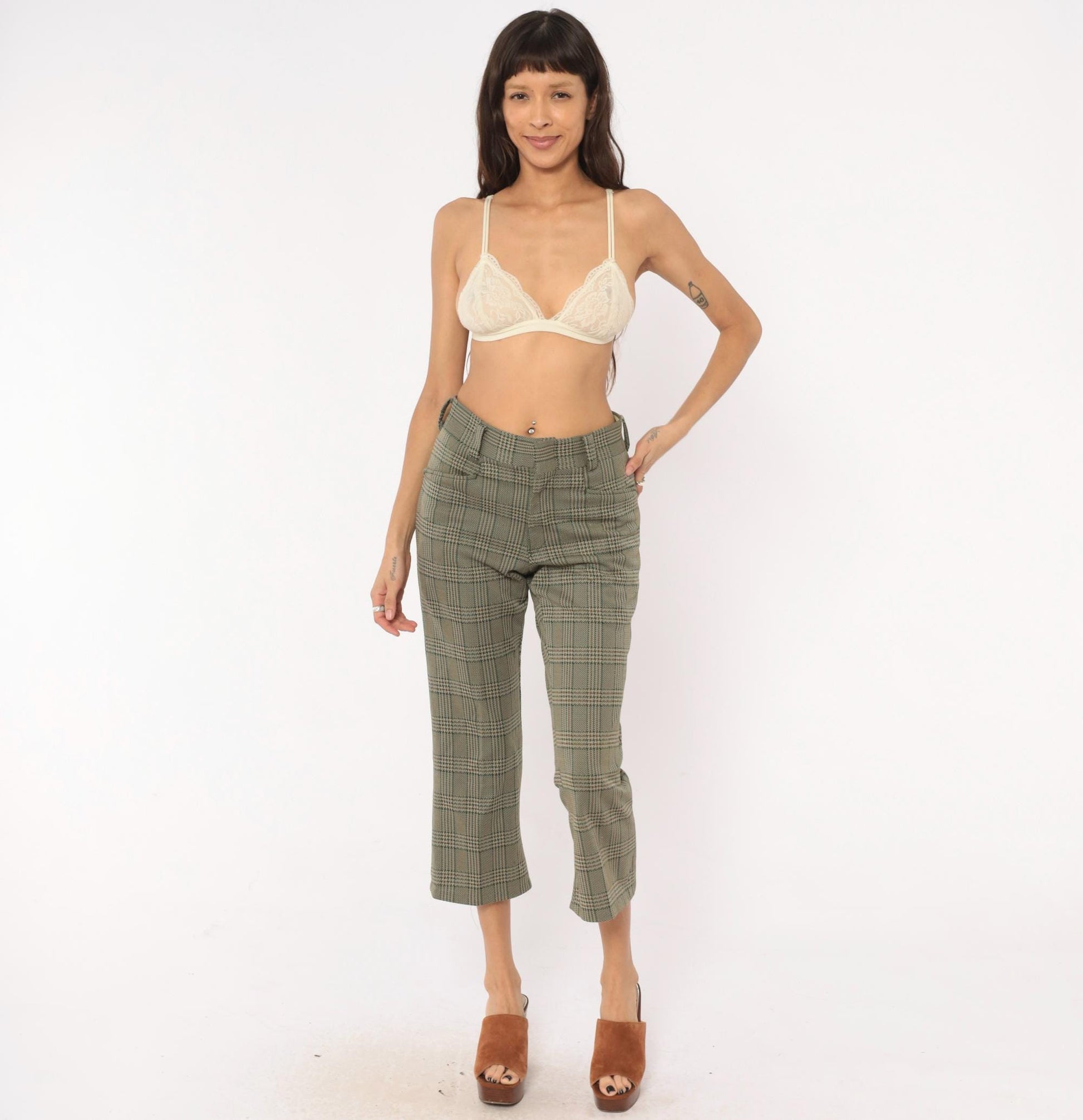 70s Chess Man Glen Plaid Cropped Flare Trousers Olive Tan Extra Small XS