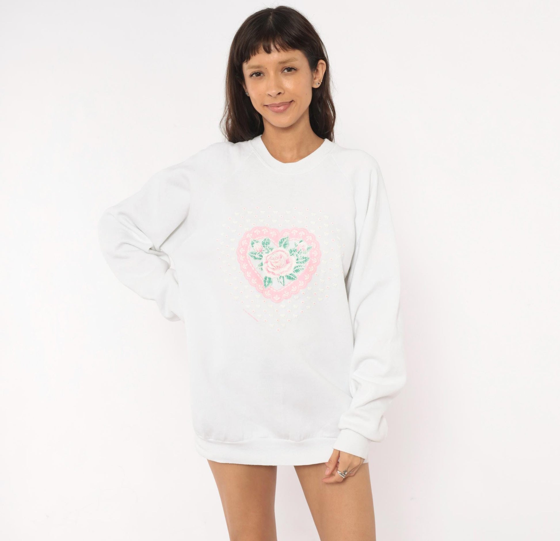 90s Fruit Of The Loom Rose Heart Lace Sweatshirt White Pink Raglan Extra Large XL