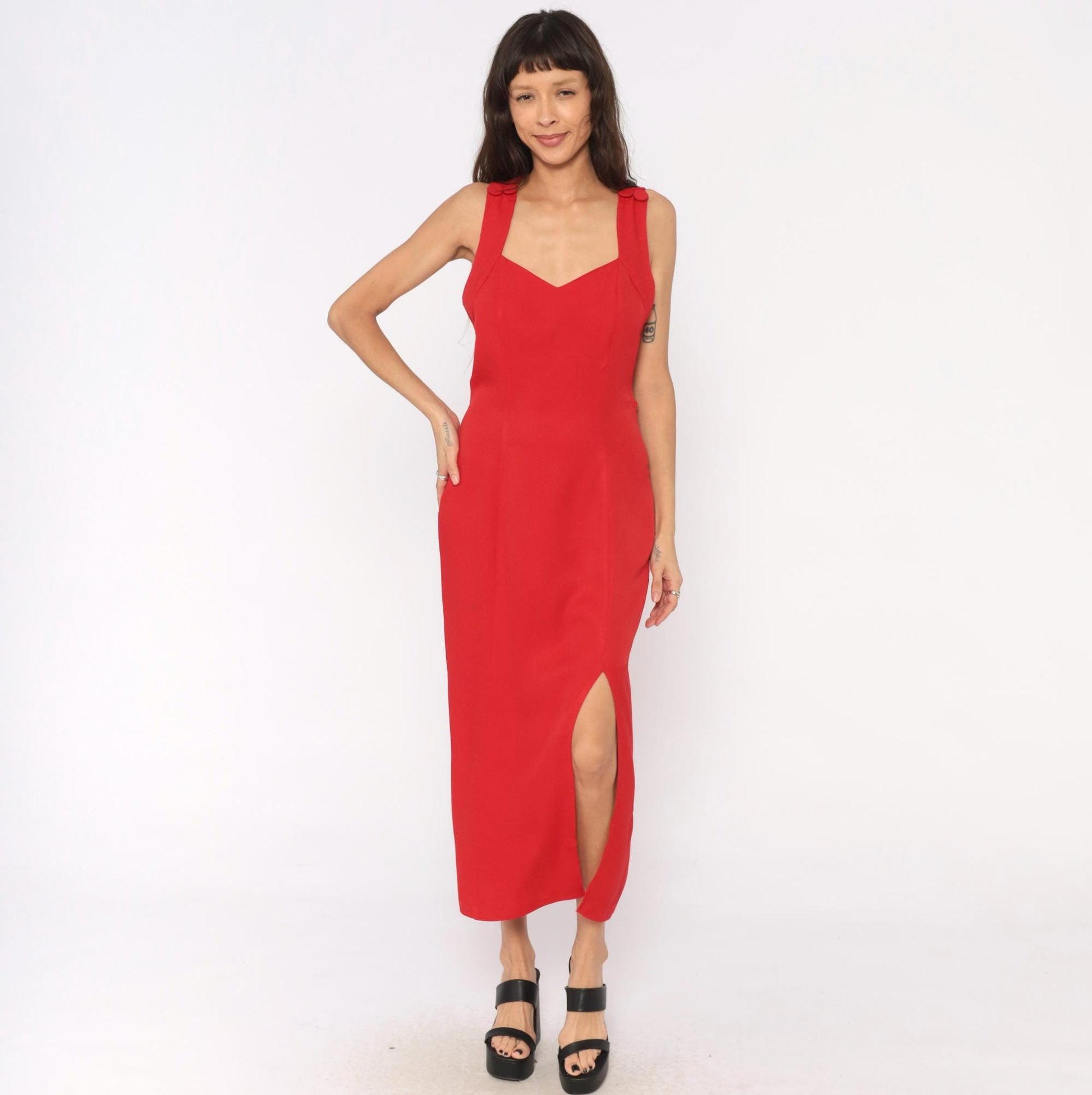 90s Red Midi Dress Sweetheart Neckline Crossback Open Back Medium Large