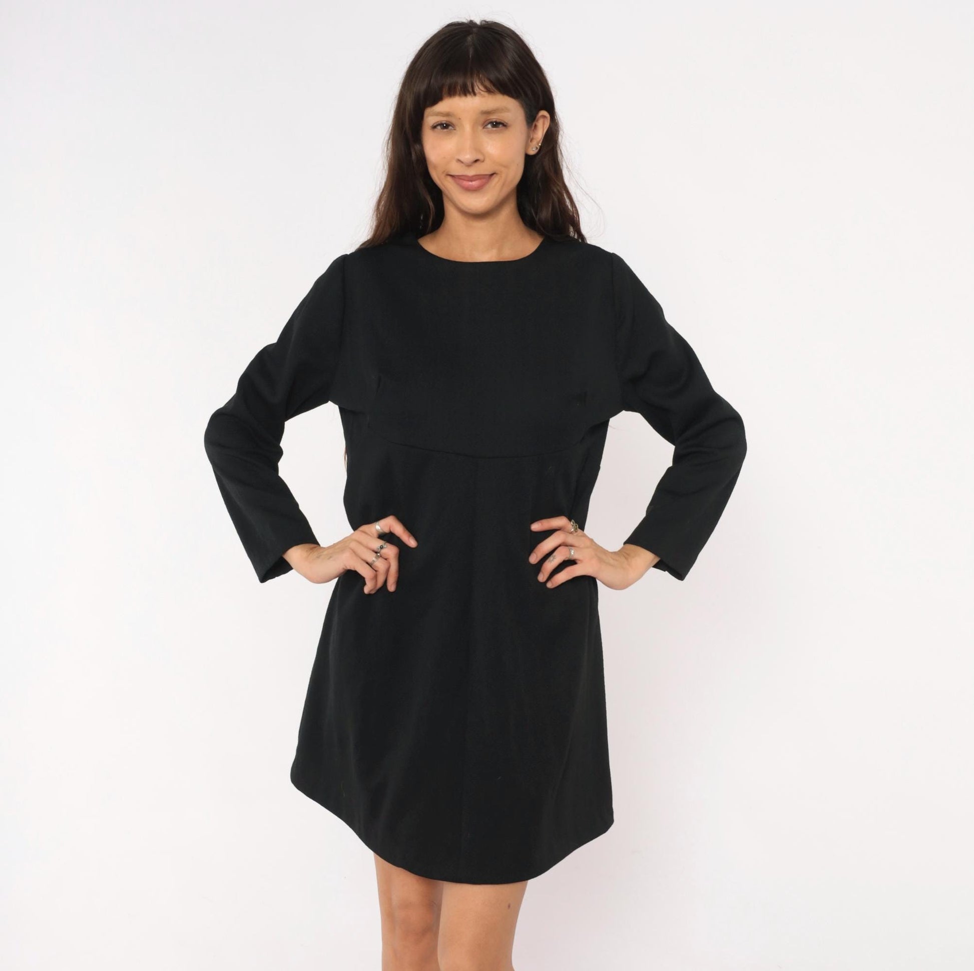 70s Black A-Line Dress Empire Waist Long Sleeve Round Neck Zip Back Large L