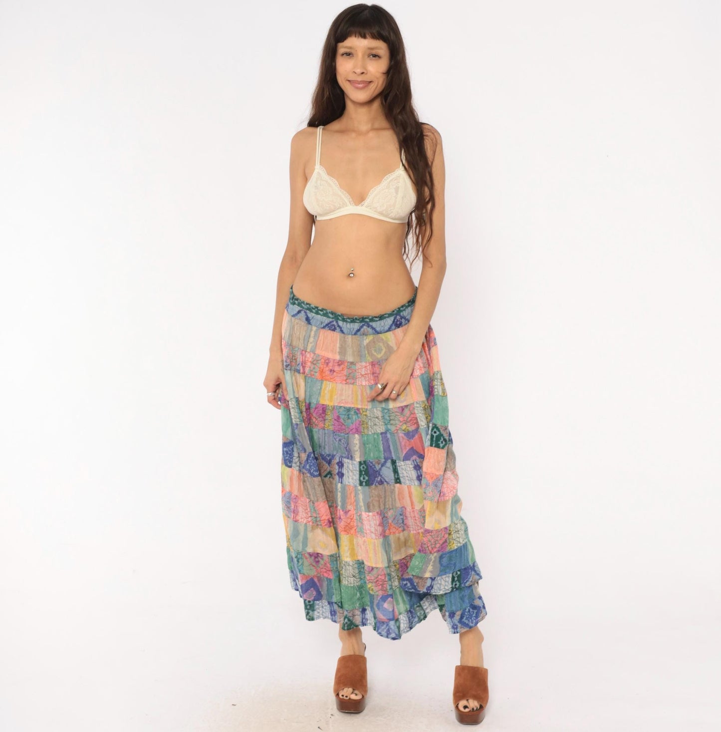 90s Bila California Patchwork Batik Maxi Skirt Tiered Gauze Large