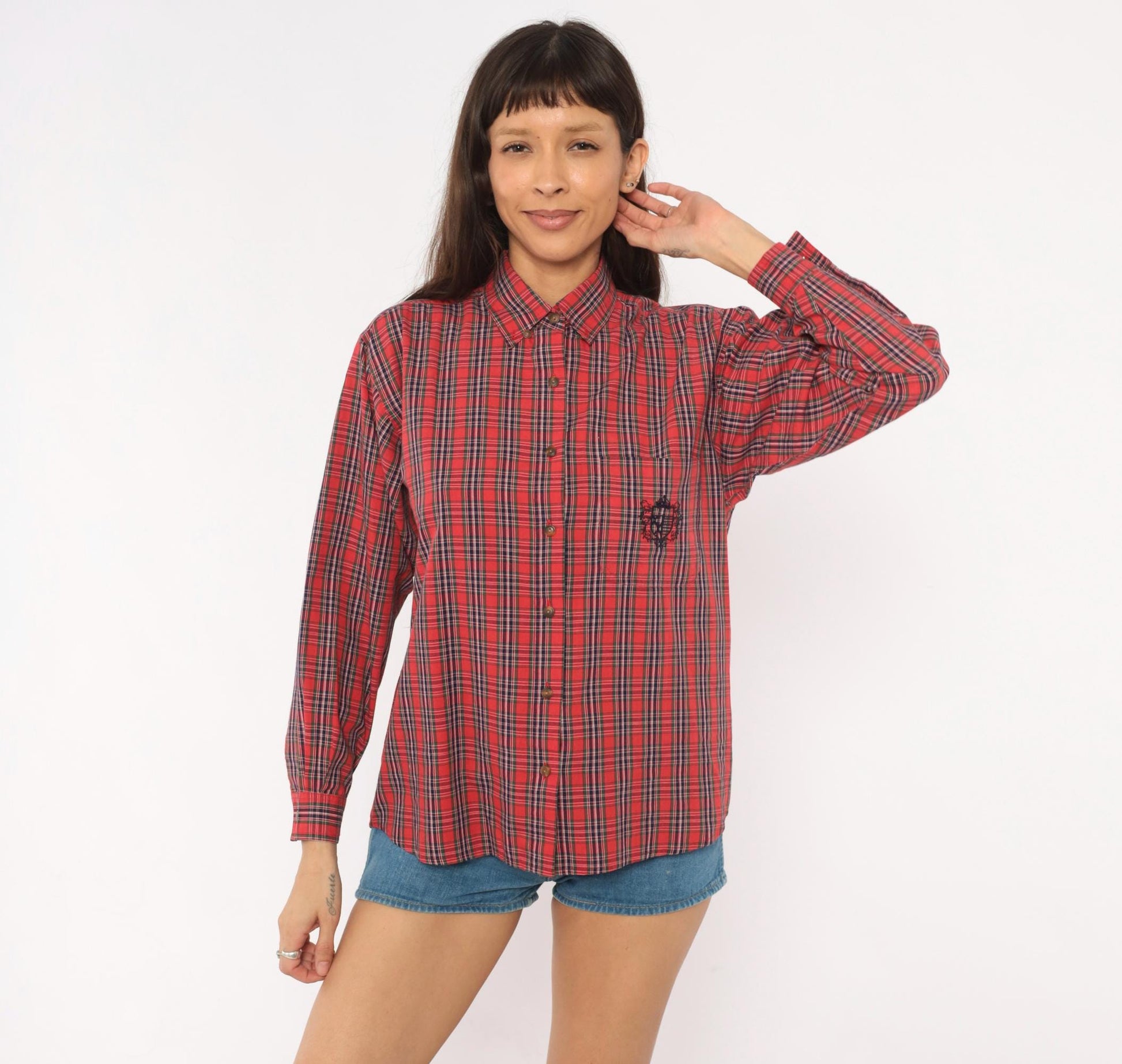 80s Karen Scott Tartan Plaid Button-Up Shirt Red Navy Embroidered Small