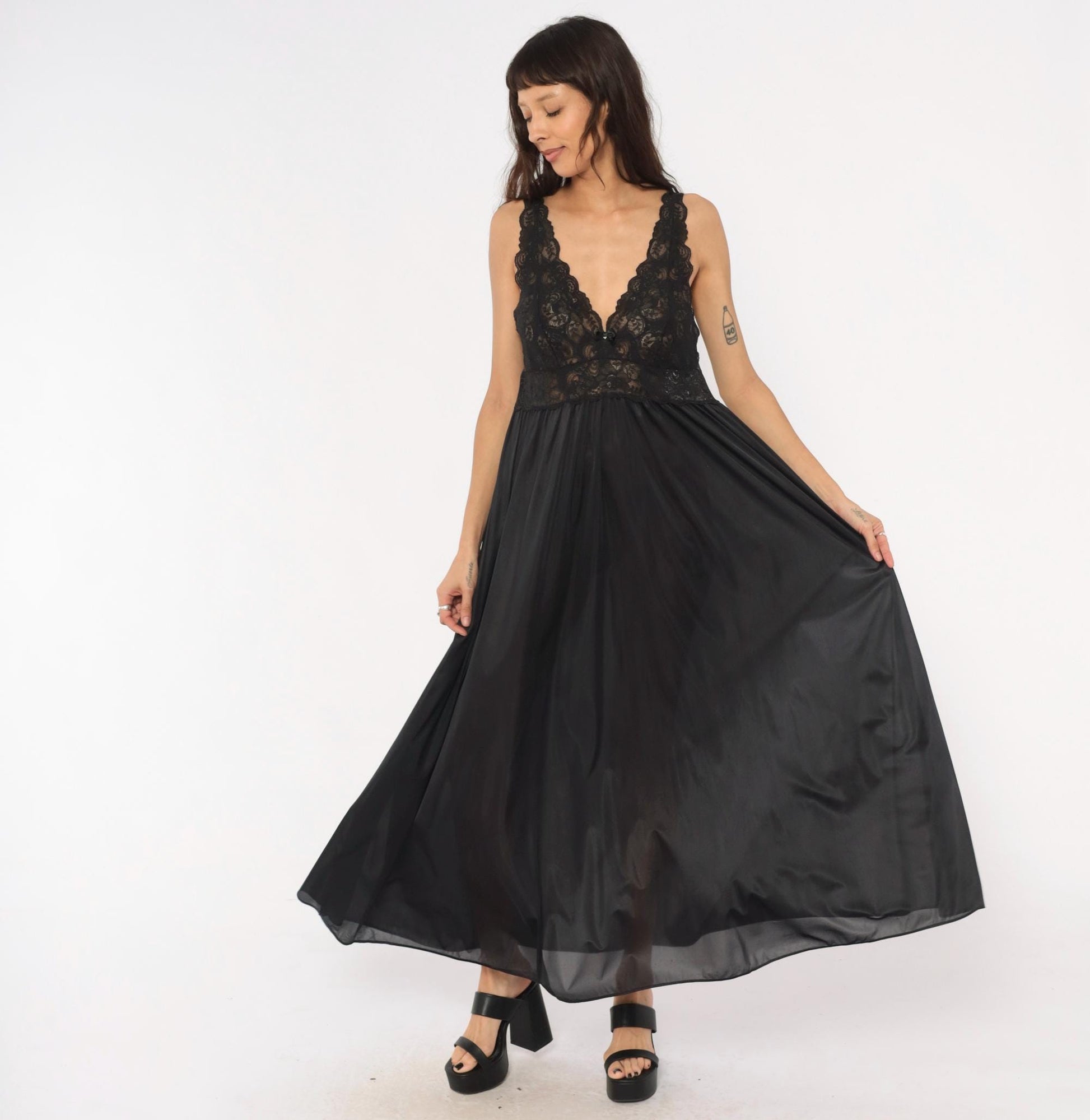 80s Shadowline Black Lace Maxi Nightgown Deep V Sheer Bodice Large L