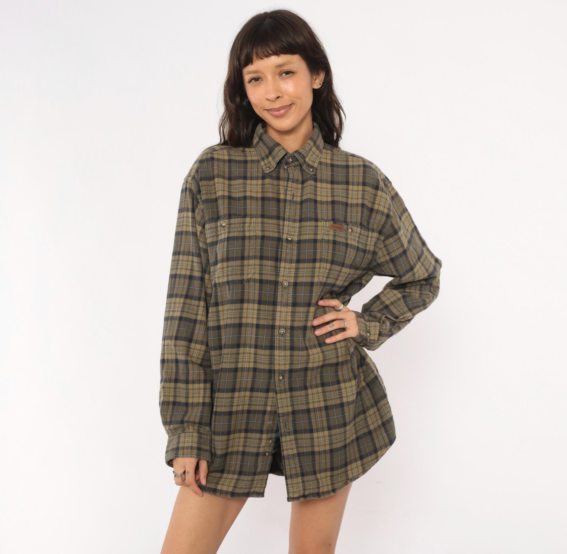 2000s Carhartt Plaid Flannel Shirt Tan Navy Button Down Medium