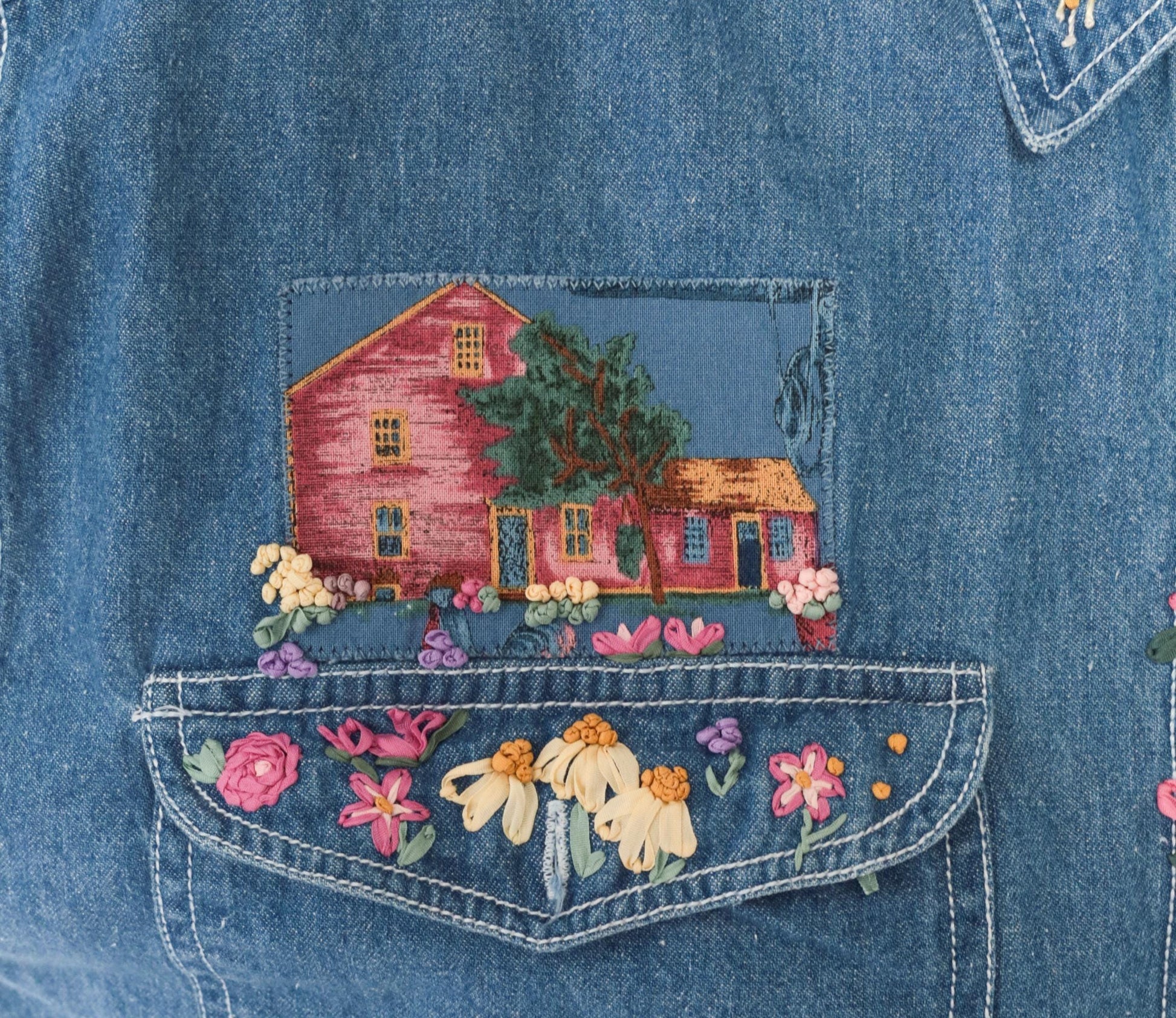 90s Short Circuit Blues Denim Shirt Hand-Painted Floral Garden Multicolor Large L