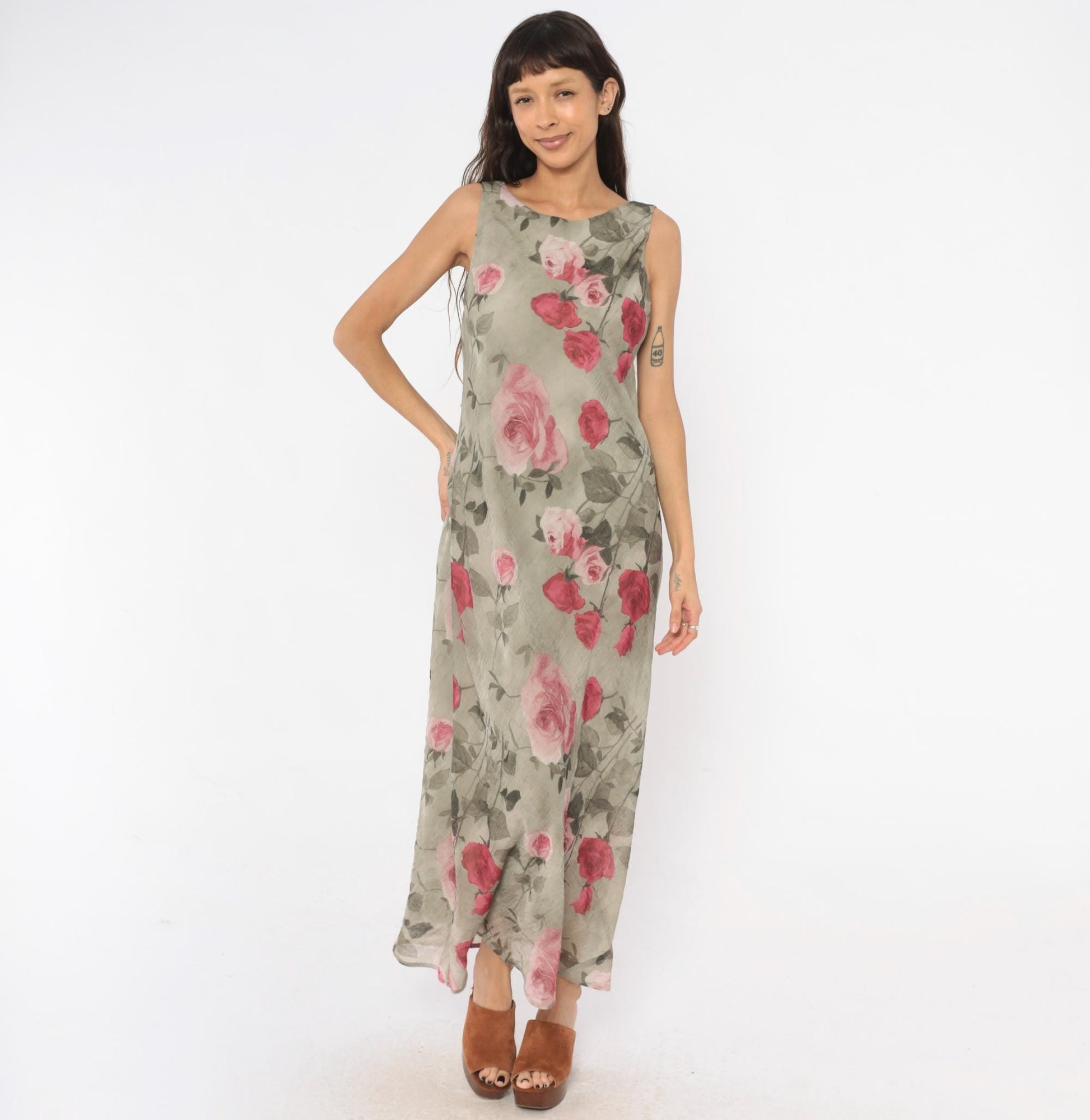 90s Dressbarn Maxi Dress Olive Rose Floral Chiffon Sleeveless Large L