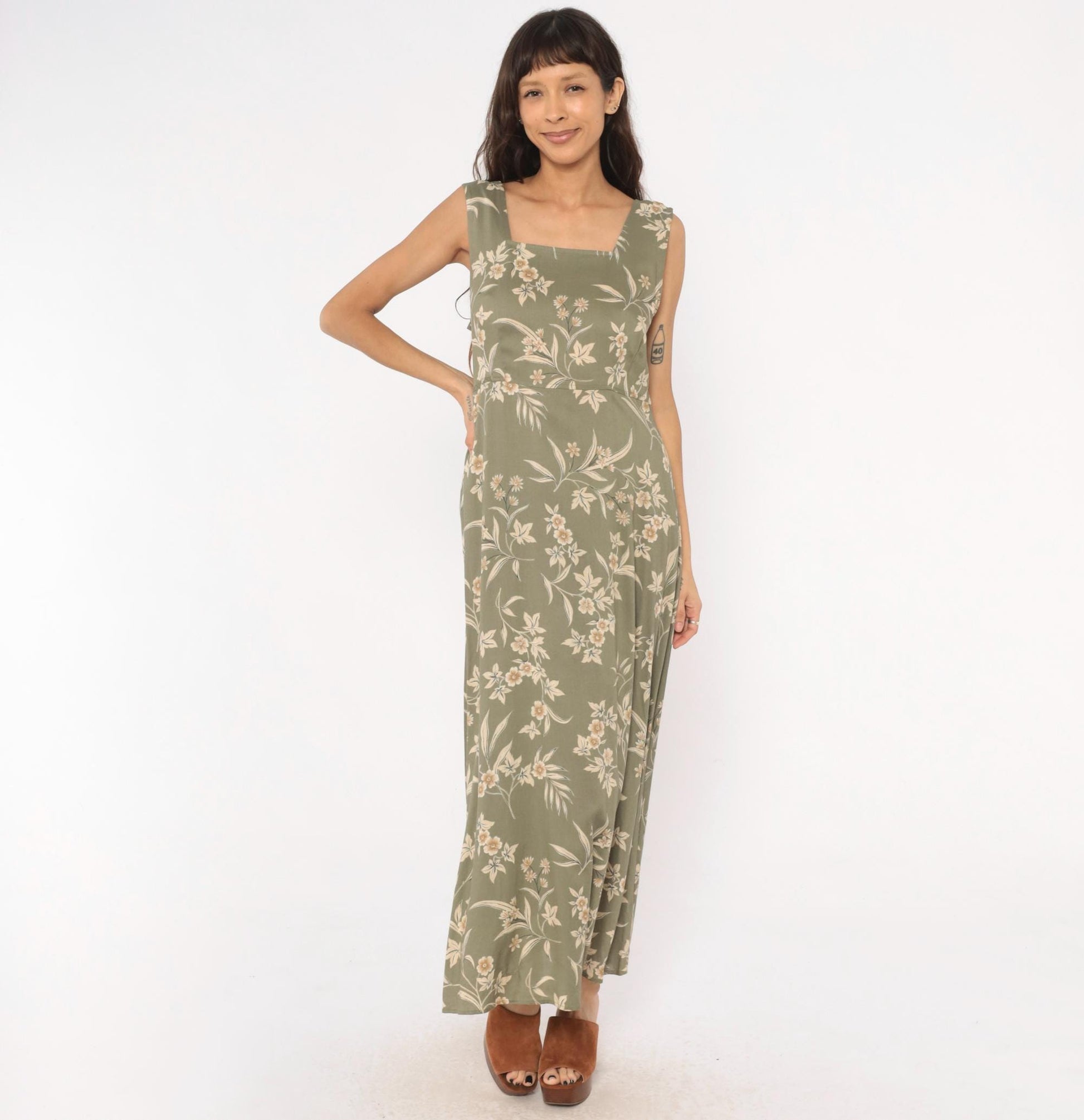90s Kathie Lee Olive Floral Maxi Dress Cream Botanical Fitted Waist Large L