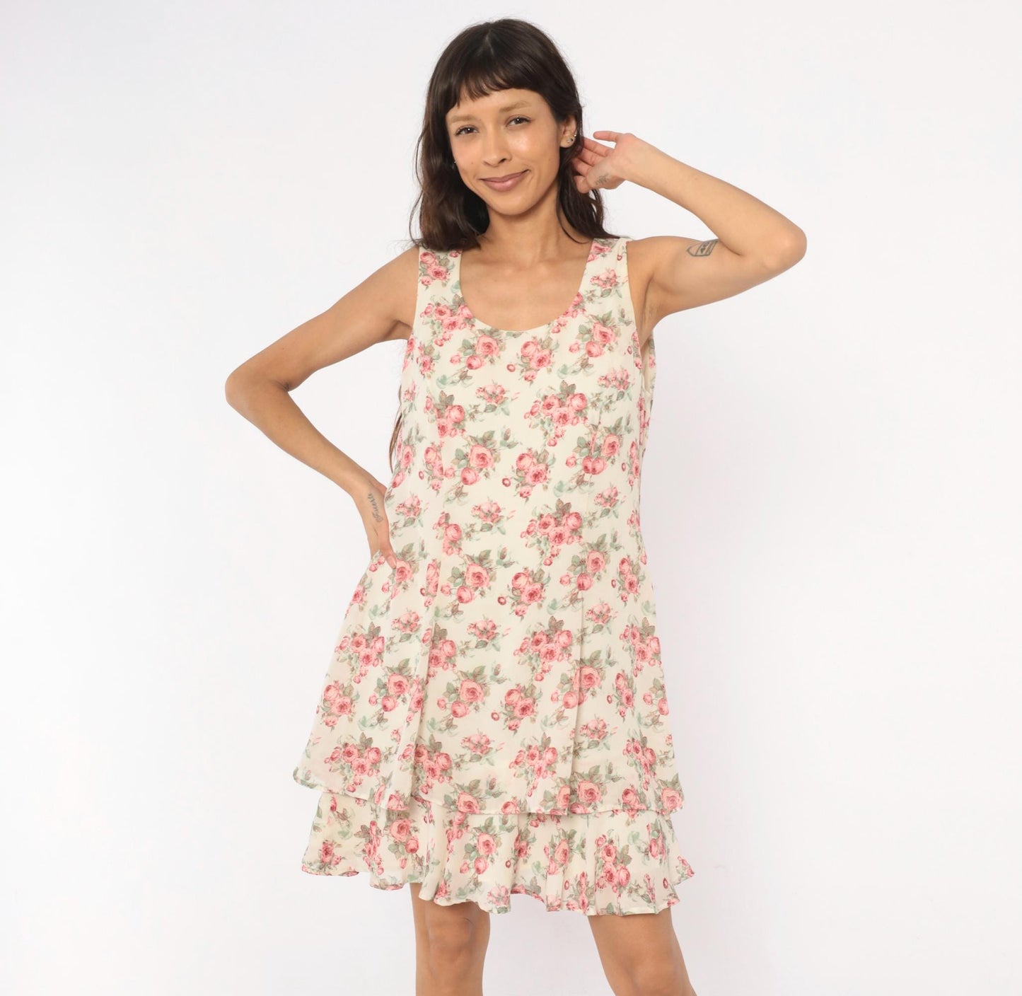 90s All That Jazz Rose Floral Sundress Cream Pink Scoop Neck Medium M