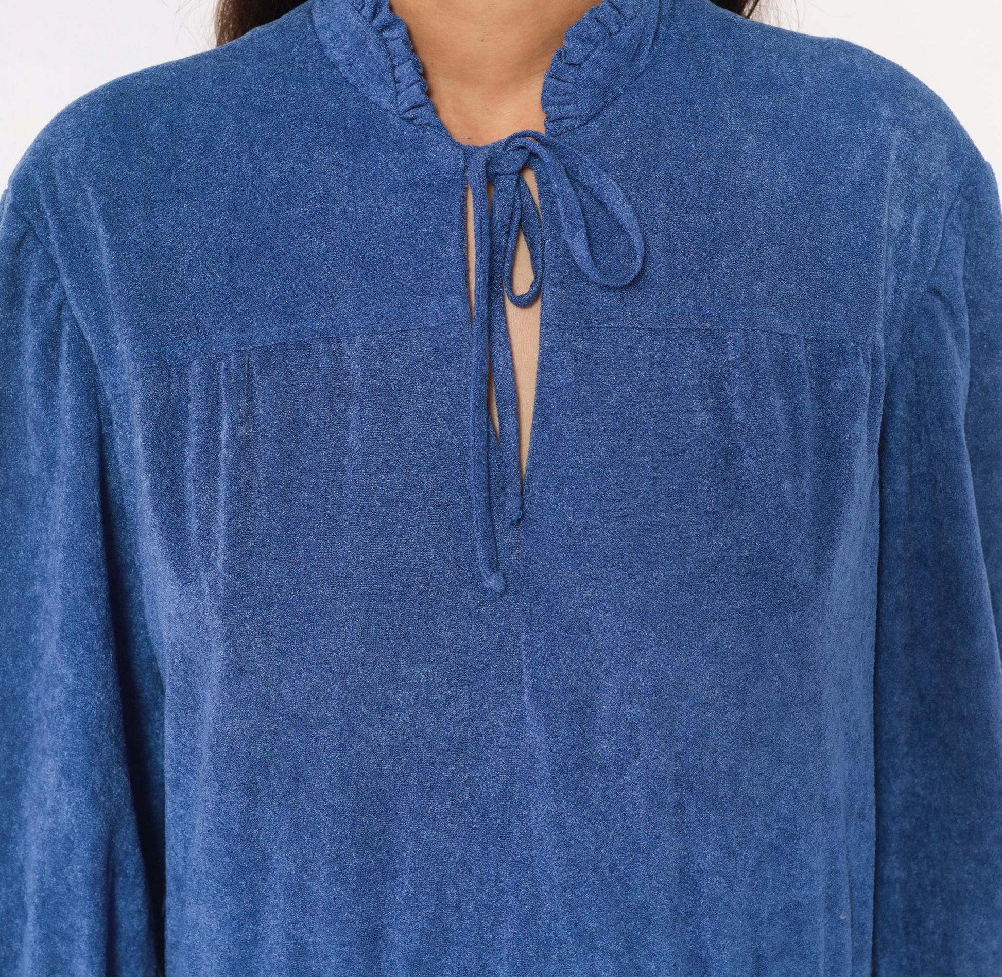 1970s Cobalt Terry Cloth Dress Tie Neck Puff Sleeve Flared Midi Large L