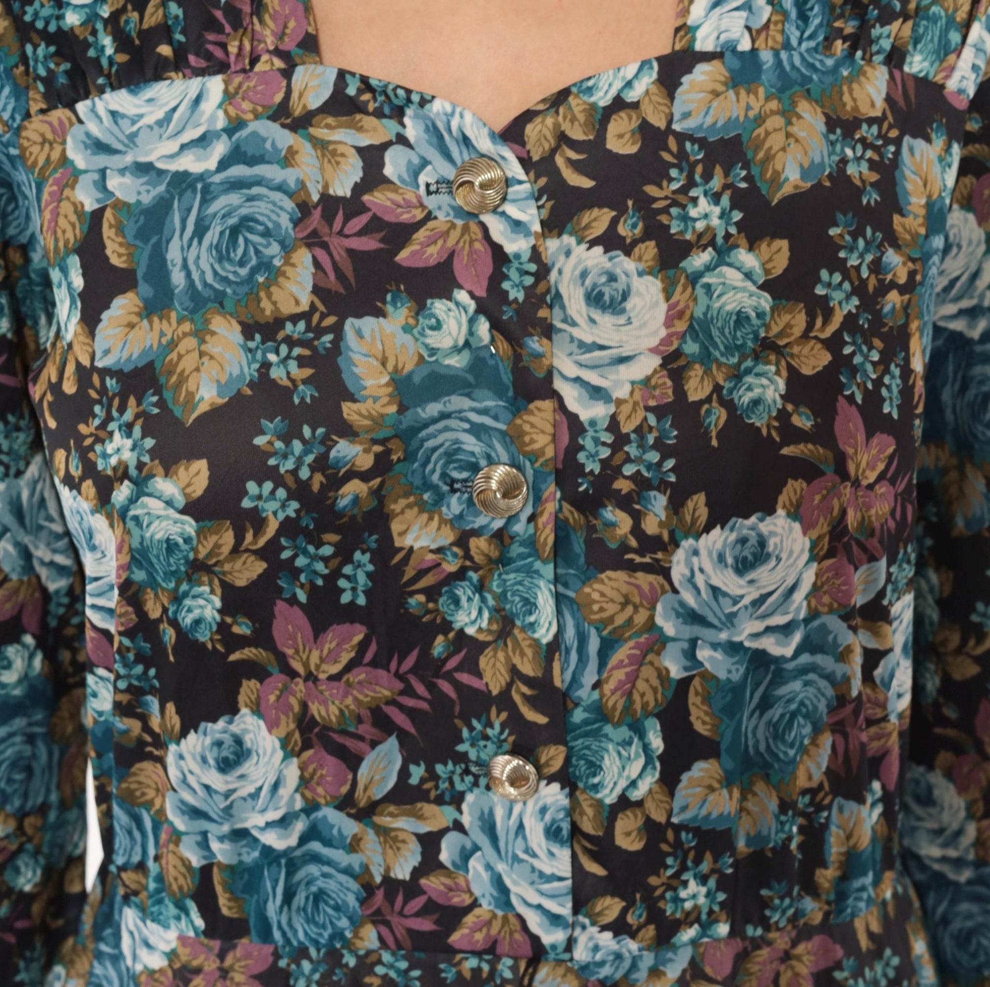 80s Rose Floral Button-Front Dress Blue Sweetheart Puff Sleeve Midi Large L