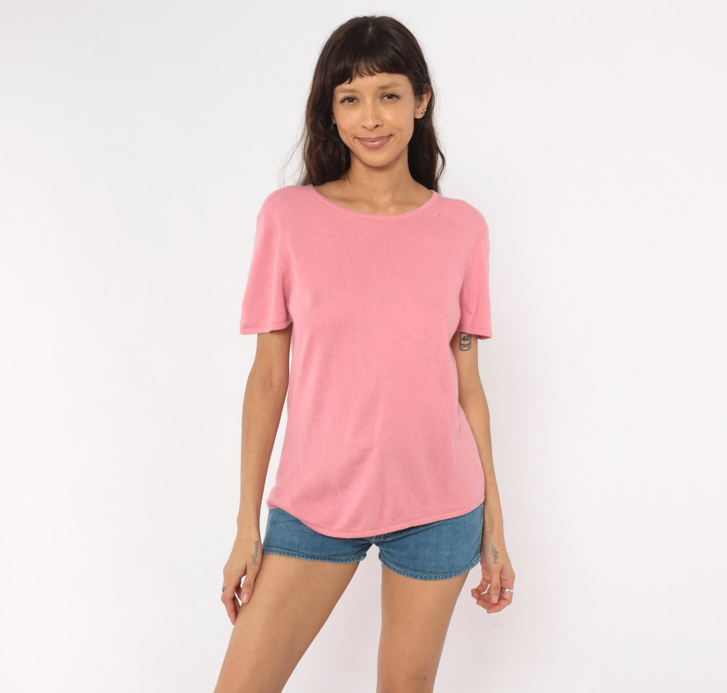 Y2K Rose Silk Cashmere Knit Tee Pink Scoop Neck Short Sleeve Large L