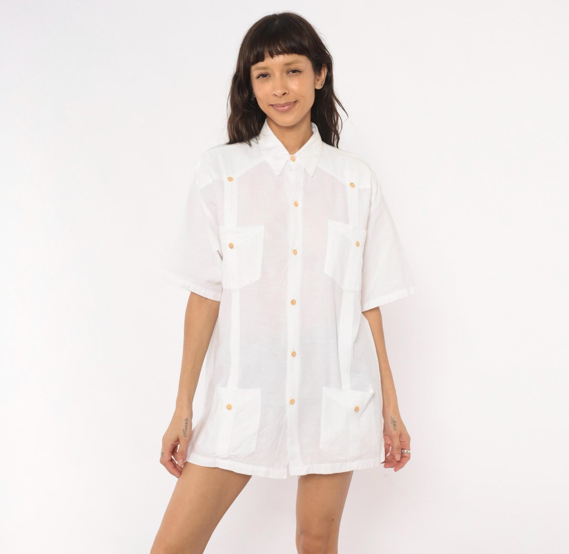 90s White Cotton Button-Up Shirt Four Pocket Short Sleeve Pointed Collar Extra Large XL