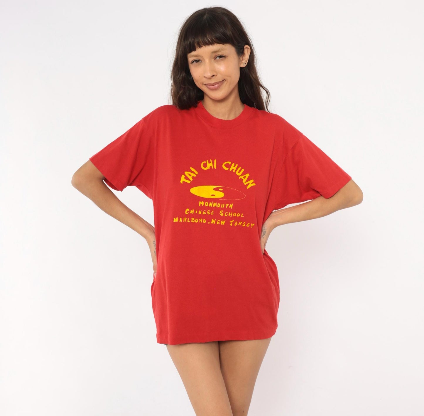 90s Screen Stars Tai Chi Chuan Graphic Tee Red Yellow Yin Yang Extra Large XL