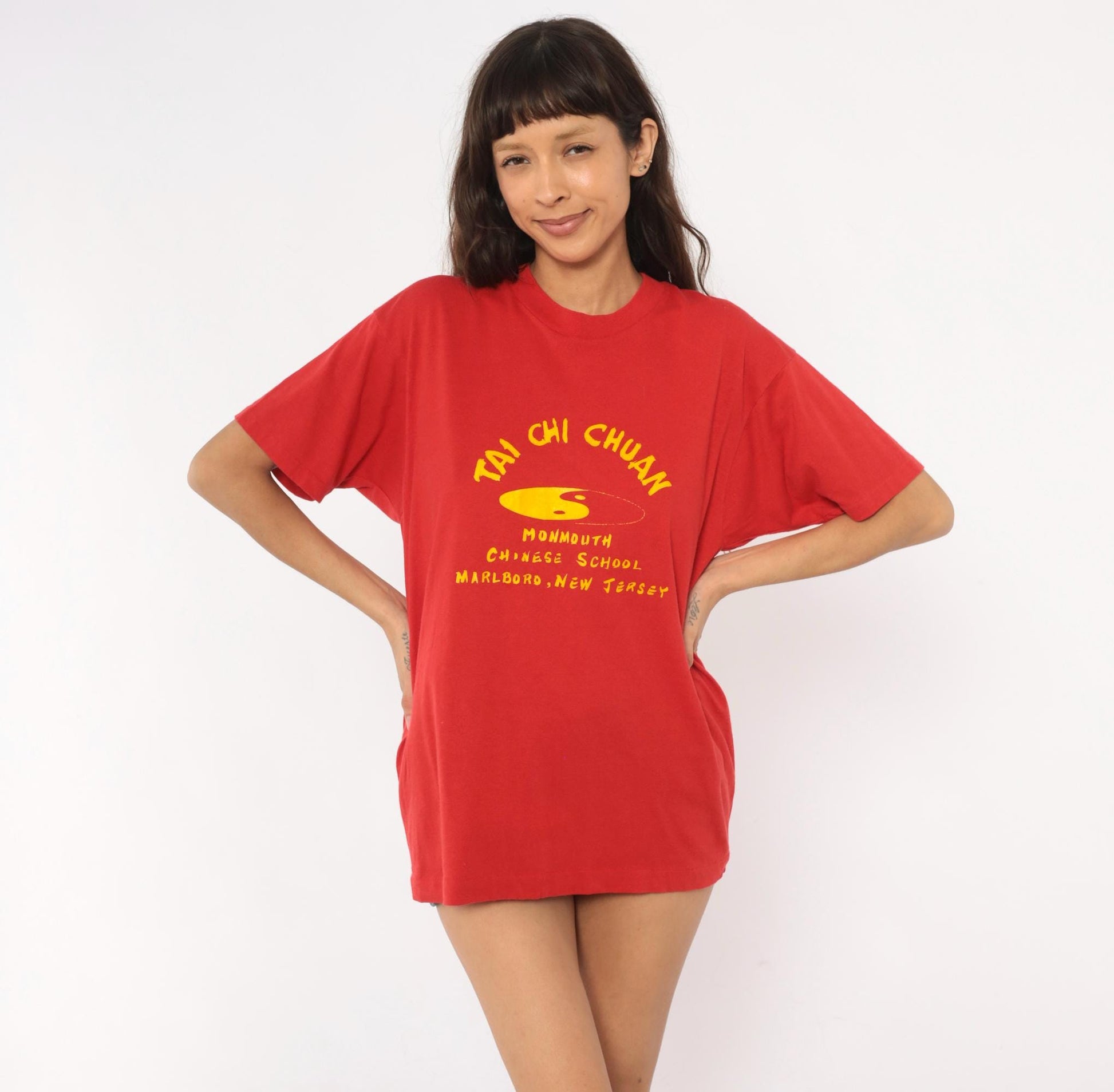 90s Screen Stars Tai Chi Chuan Graphic Tee Red Yellow Yin Yang Extra Large XL