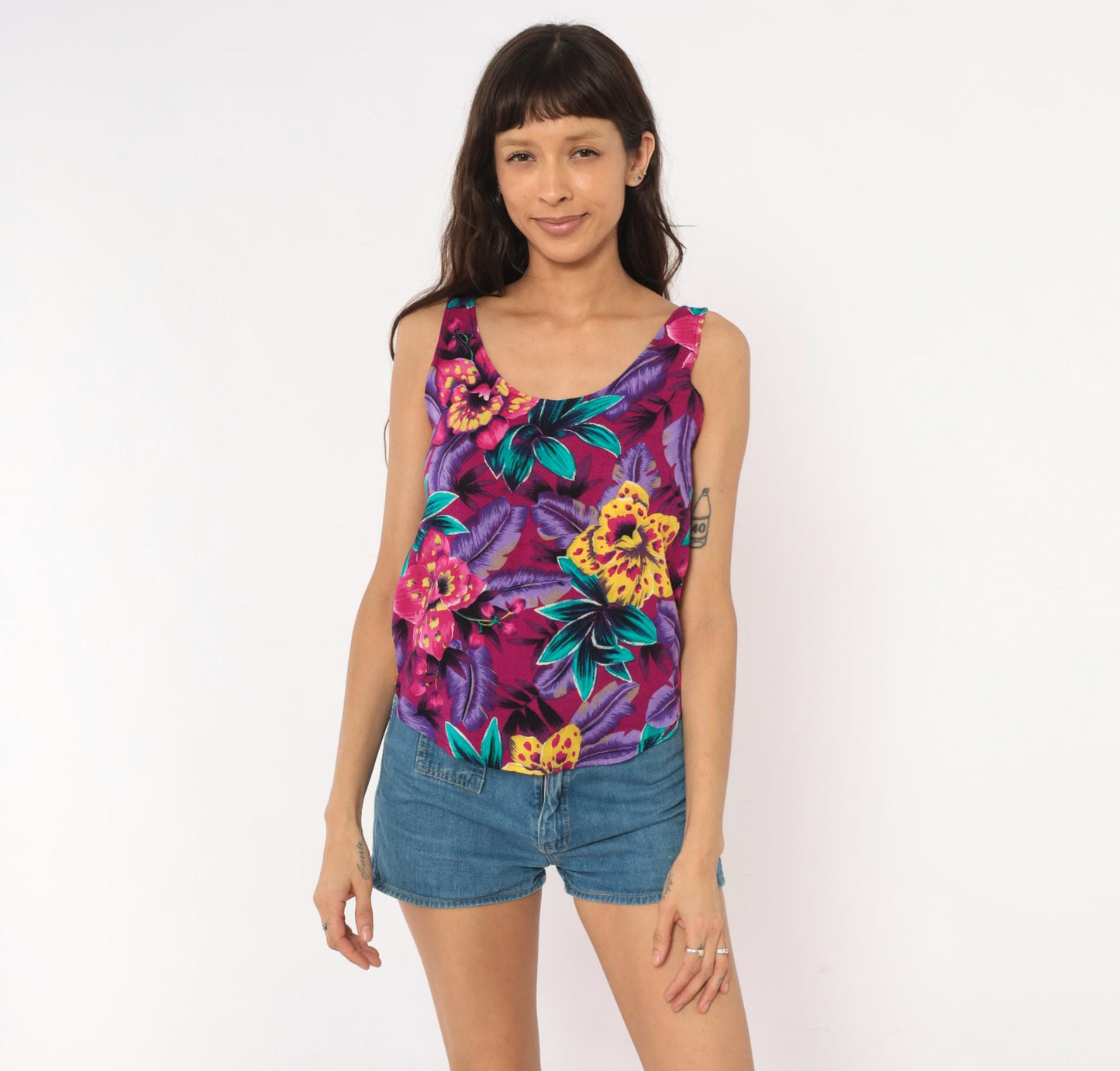 90s Judy Knapp Tropical Floral Tank Top Magenta Purple Rayon Extra Small XS