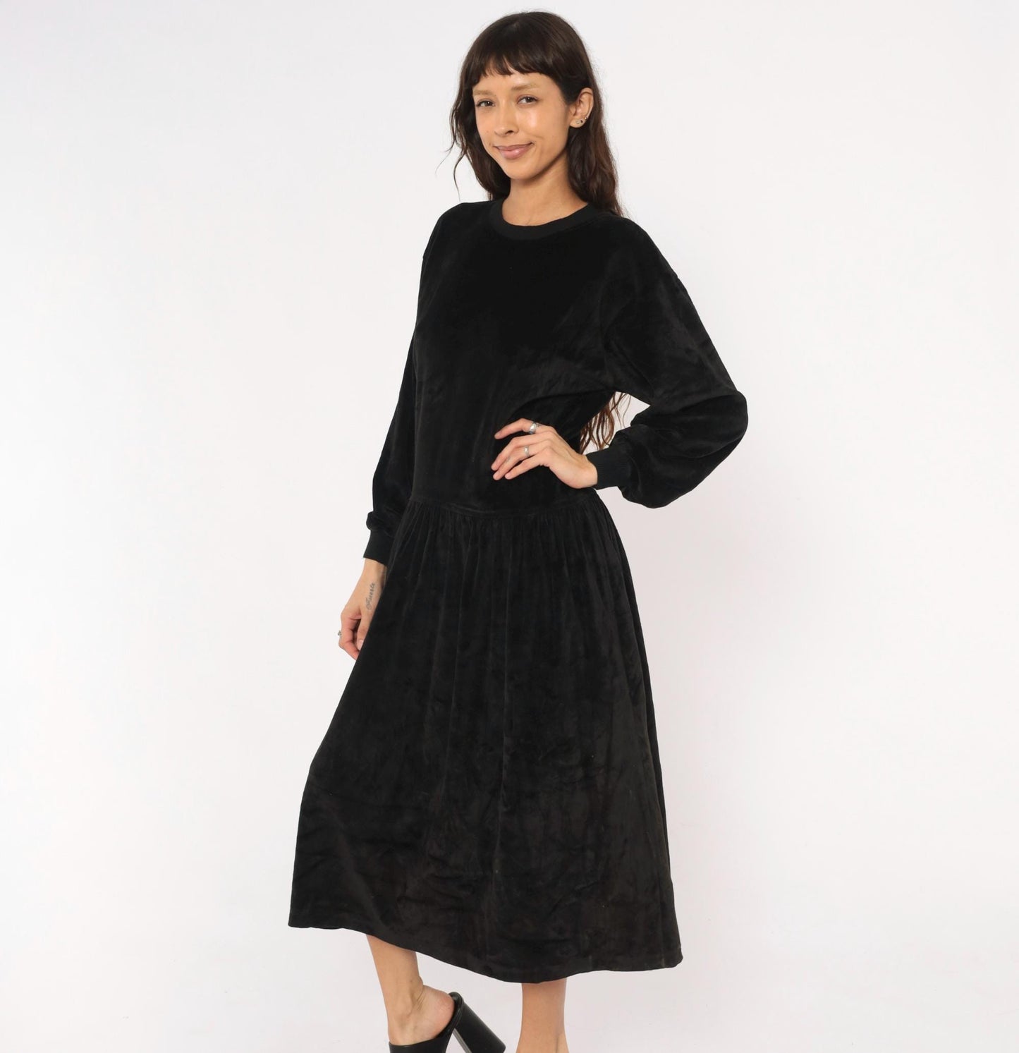 90s Lizsport Black Velvet Midi Dress Drop Waist Pockets Large L