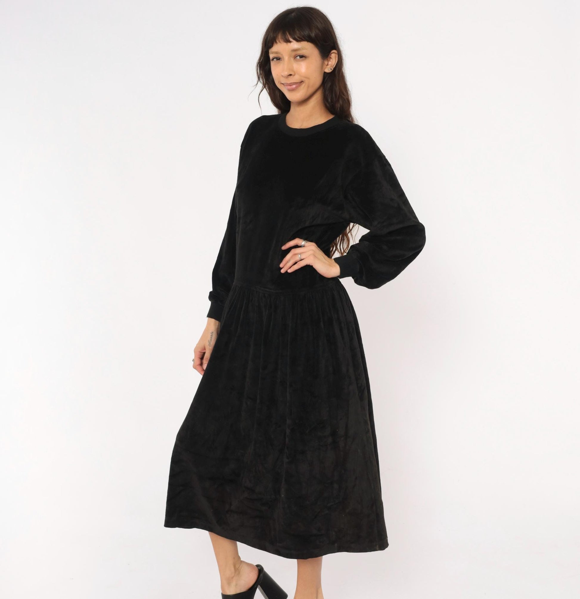 90s Lizsport Black Velvet Midi Dress Drop Waist Pockets Large L