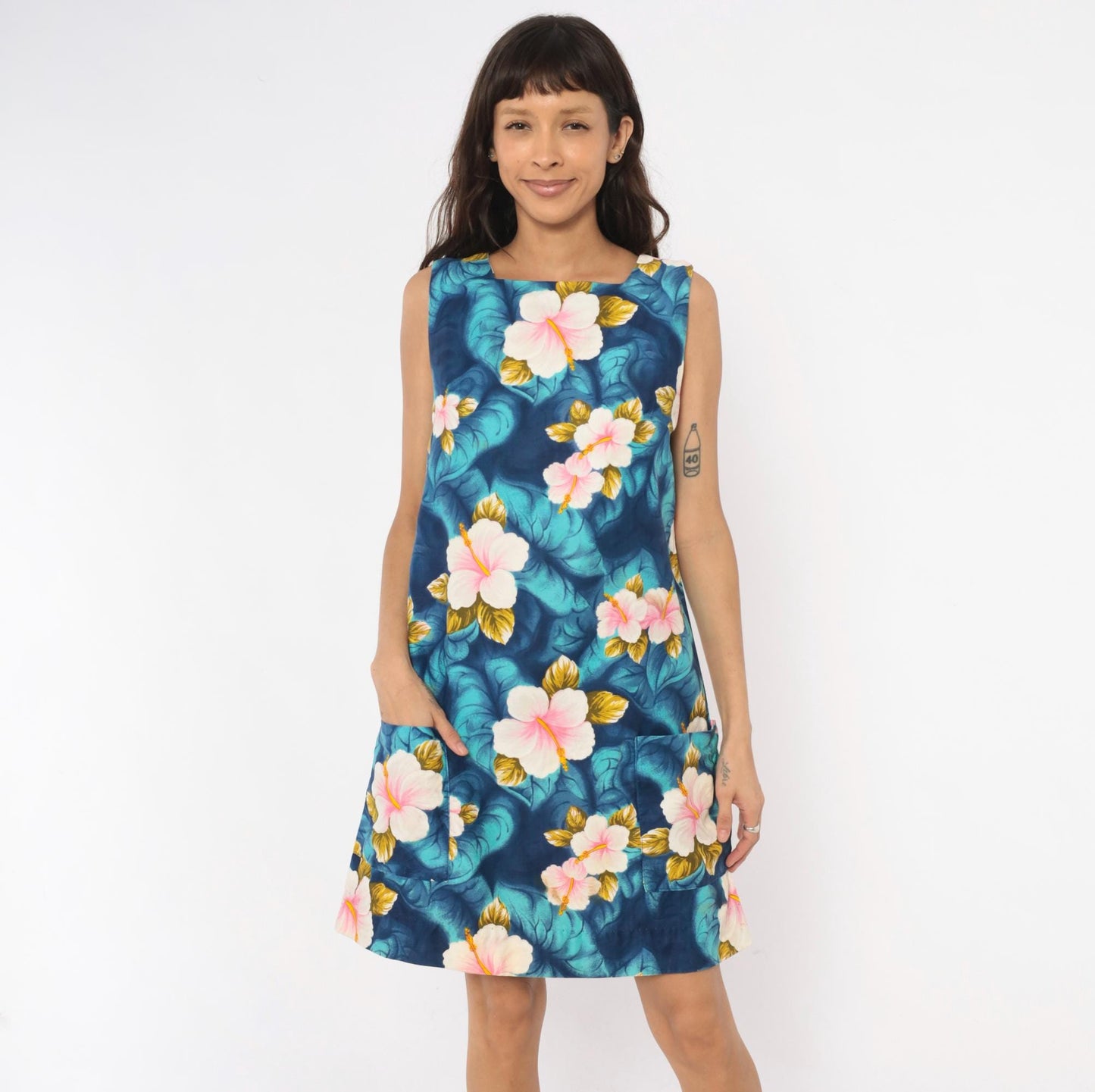 80s Hawaiian Hibiscus Shift Dress Navy Teal Pink Floral Cotton Medium