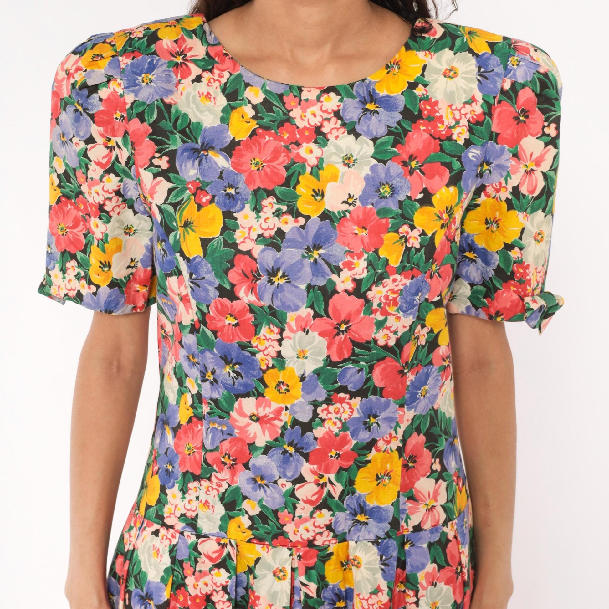 90s Kwai Floral Midi Dress Cutout Back Puff Sleeve Cotton Medium M