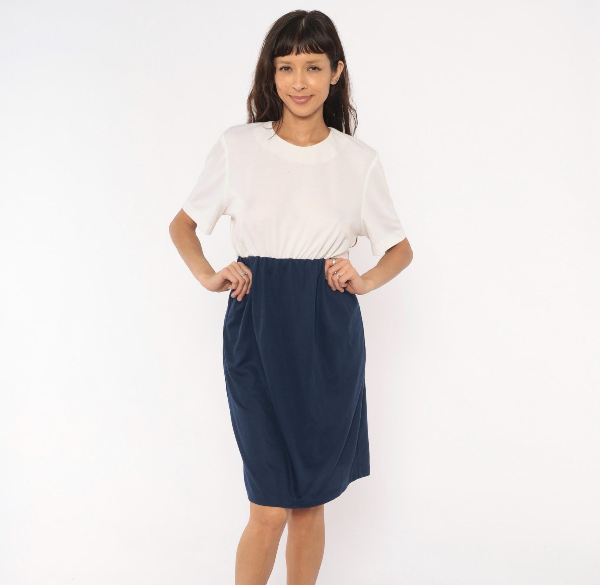 80s Navy Cream Colorblock Dress Keyhole Back Button Knee-Length Medium Large