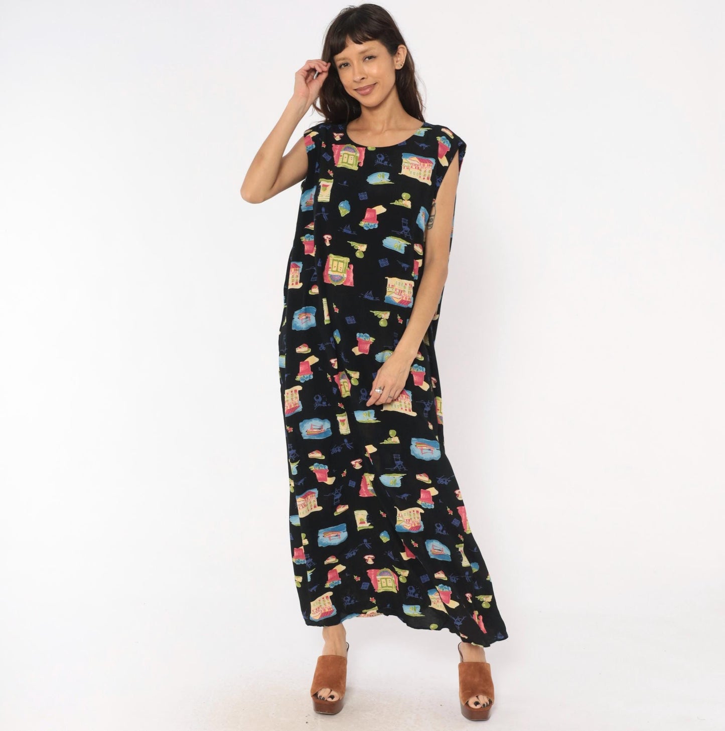 90s Positive Attitude Village Print Maxi Dress Black Plus Size 1X