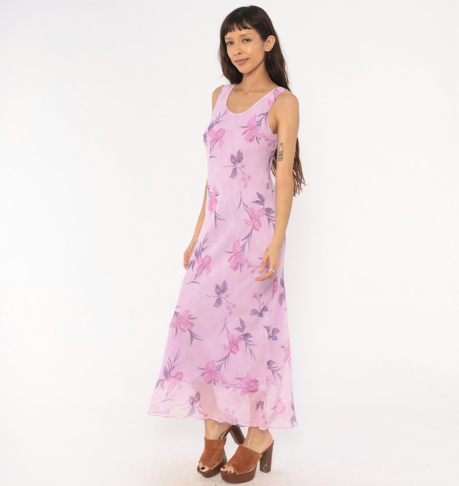 90s Sharon Max Lilac Floral Chiffon Maxi Dress Sleeveless Scoop Neck Small S