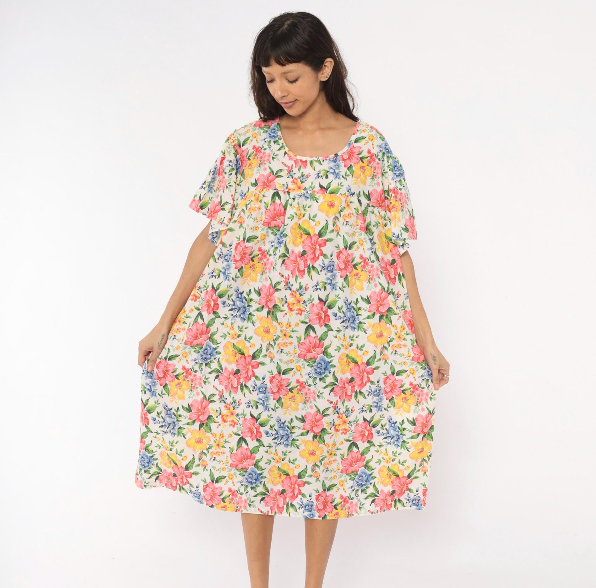 80s Floral Muumuu Dress Pink Yellow Blue Garden Print White Plus Size XXL
