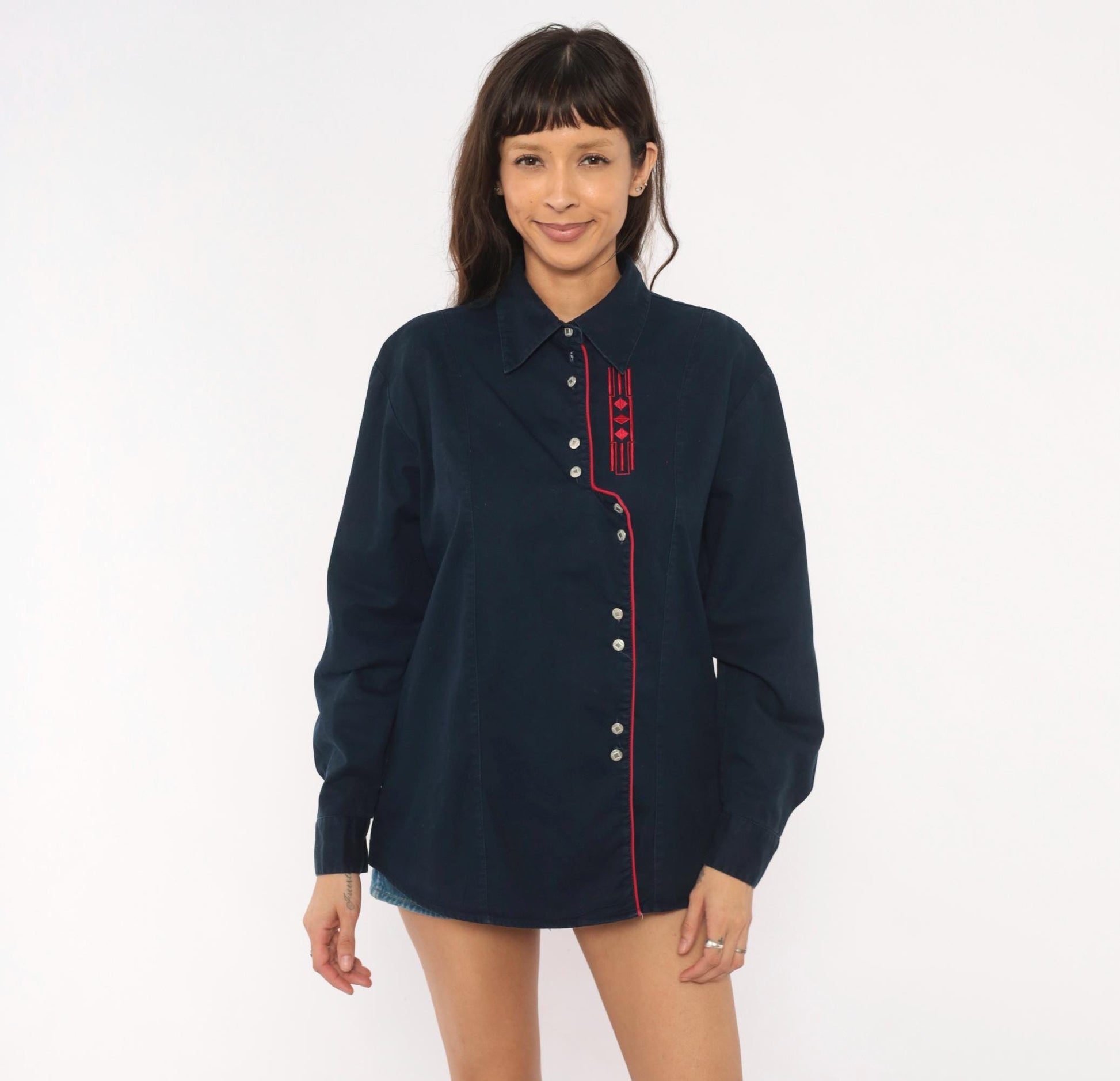 90s Wrangler Western Shirt Navy Blue Embroidered Diamond Snap Button Extra Large XL