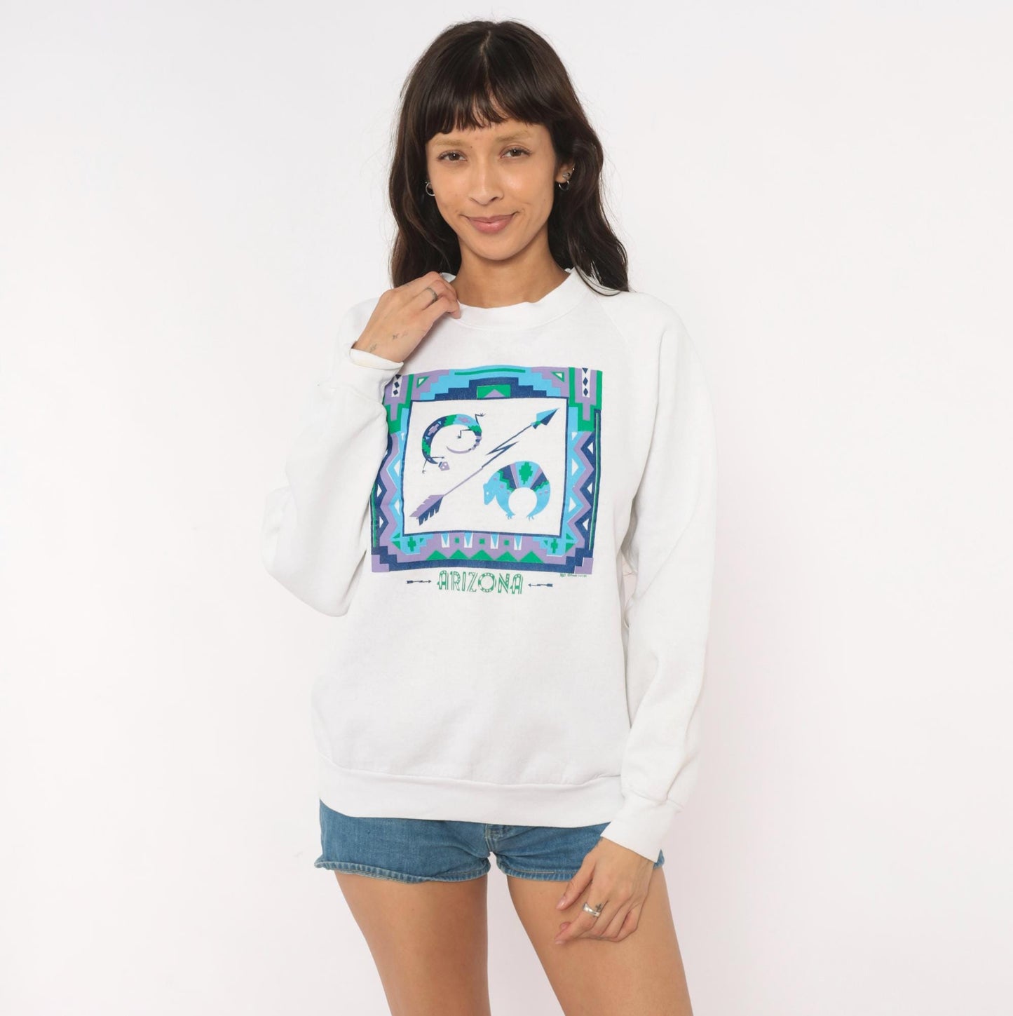 90s Fruit Of The Loom Arizona Southwestern Graphic Sweatshirt White Medium