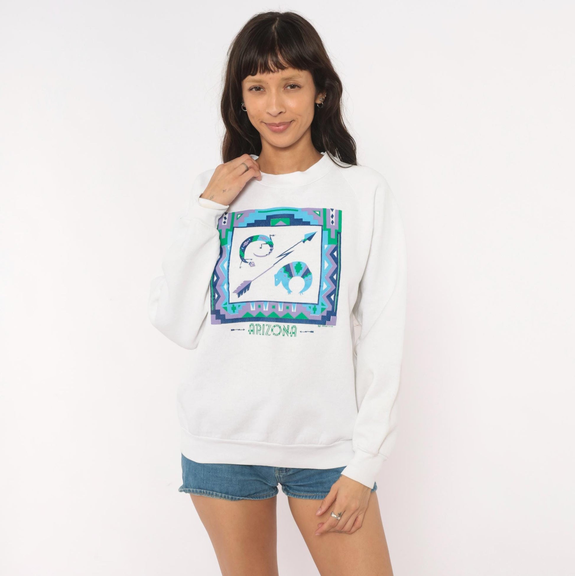 90s Fruit Of The Loom Arizona Southwestern Graphic Sweatshirt White Medium
