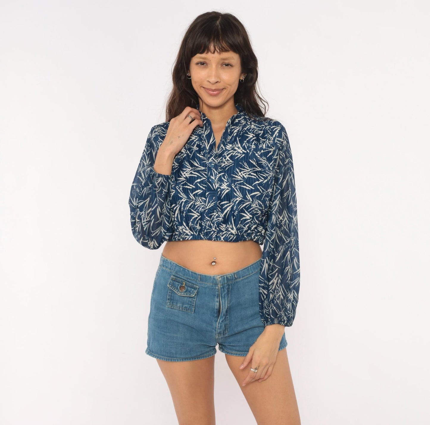80s Liz Roberts Bamboo Leaf Crop Blouse Navy Mandarin Collar Balloon Sleeve Medium