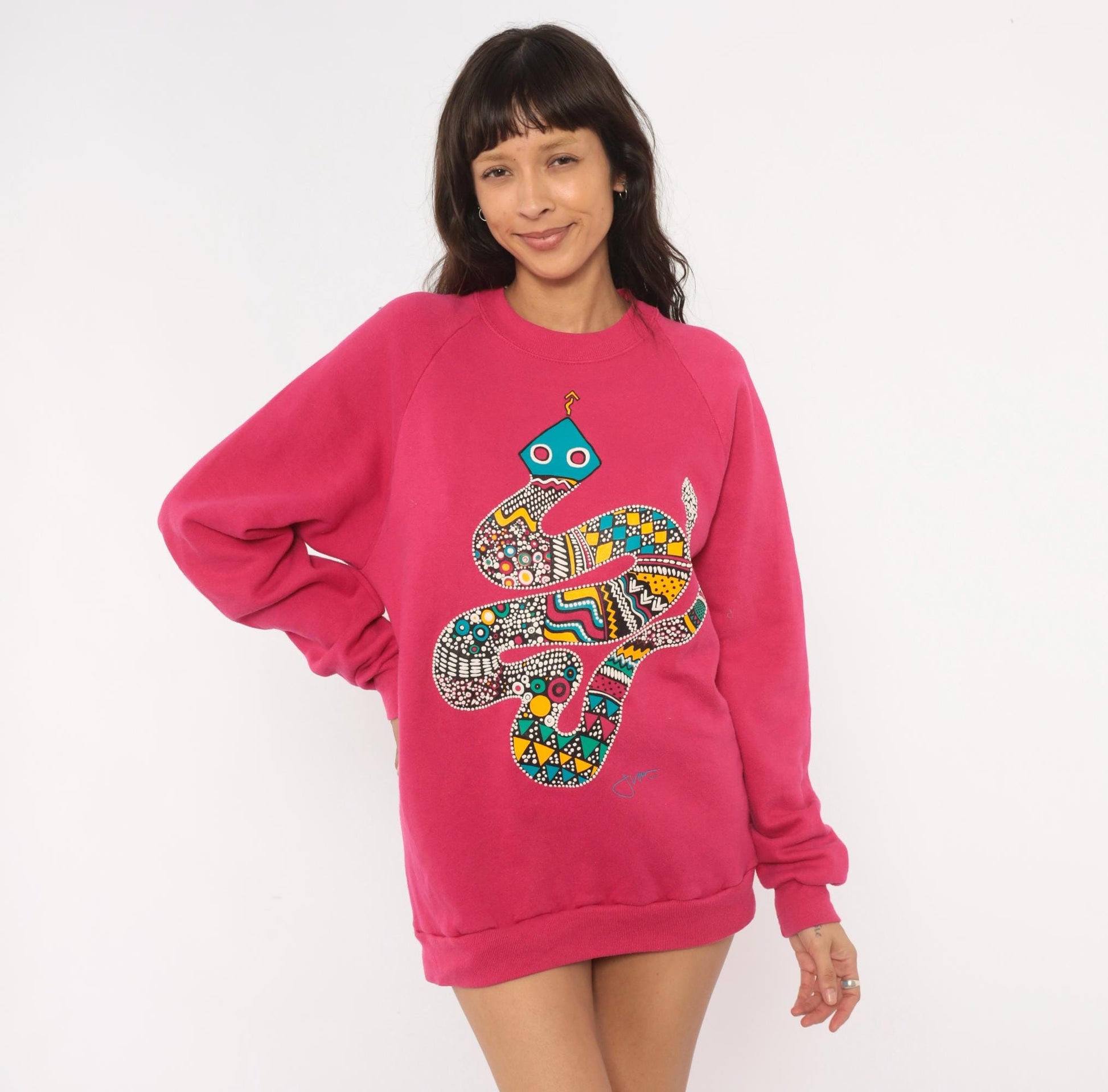 90s National Screenprint Snake Tribal Sweatshirt Hot Pink Raglan Large