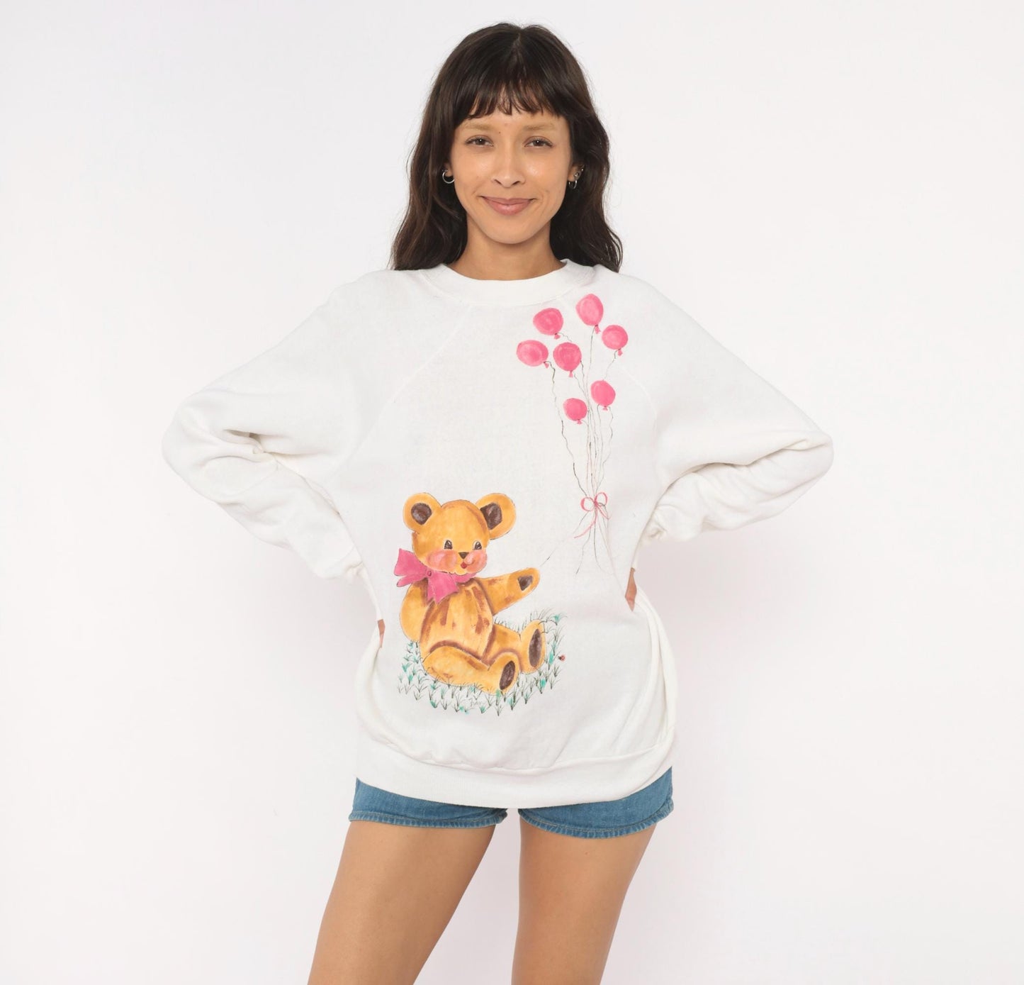 90s Hand-Painted Teddy Bear Sweatshirt White Pink Balloons Raglan Extra Large XL