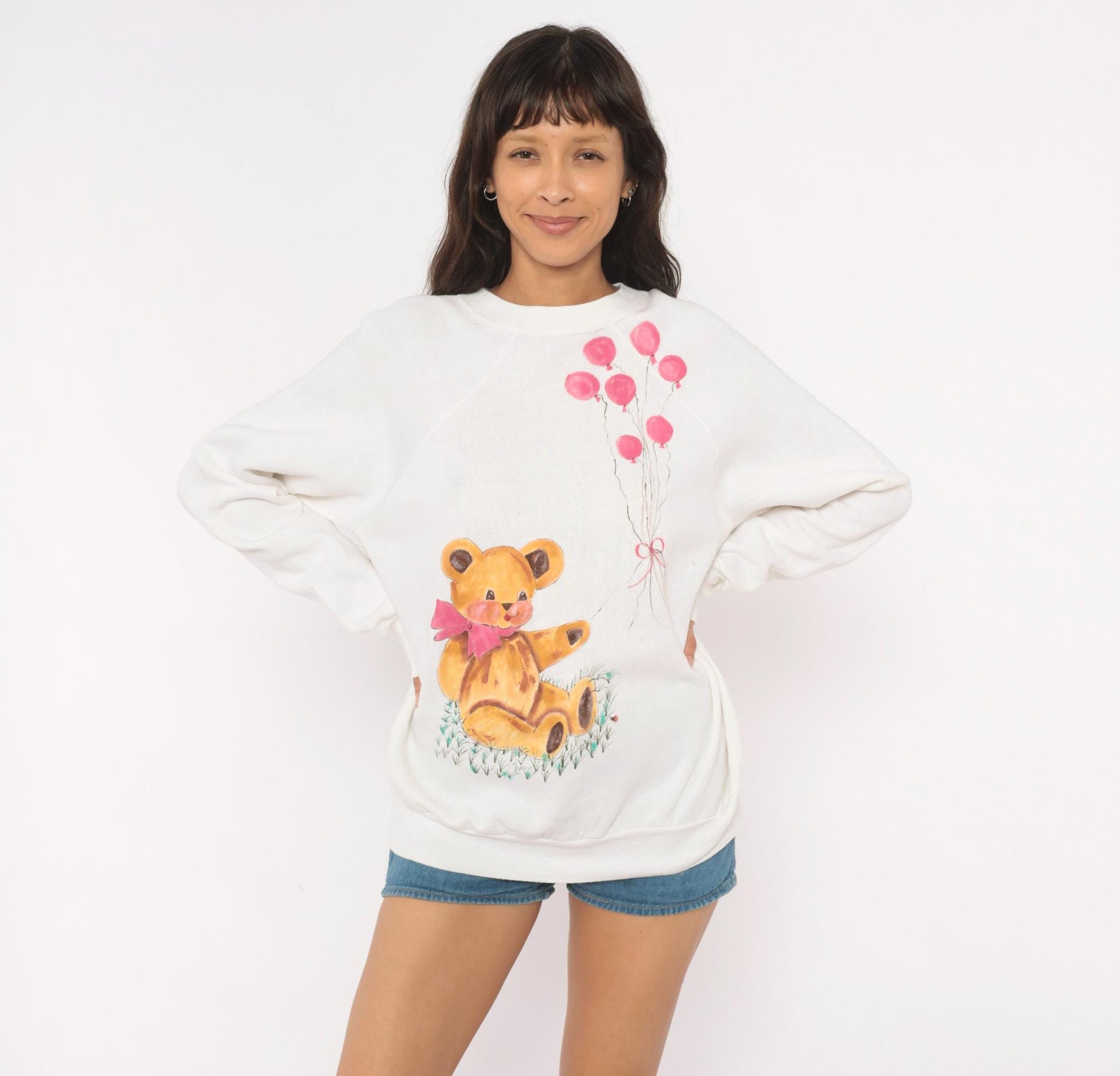 90s Hand-Painted Teddy Bear Sweatshirt White Pink Balloons Raglan Extra Large XL