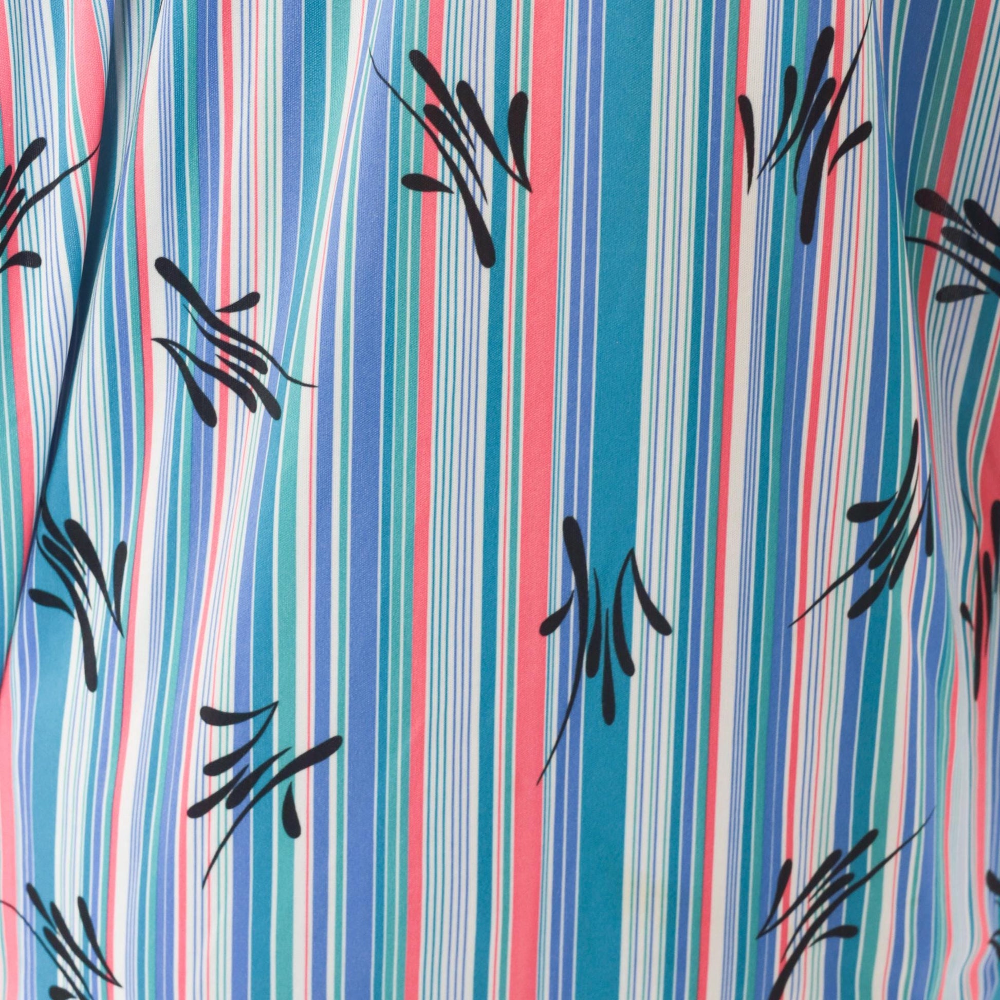 70s Illusions Striped Button Blouse Teal Pink Leaf Print Puff Sleeve Large