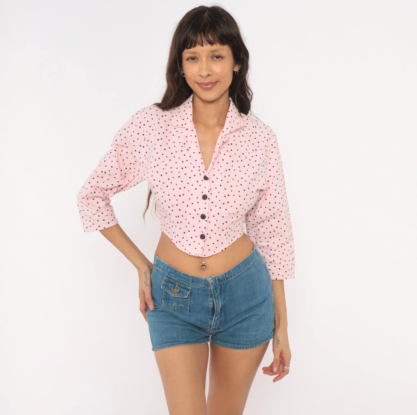 90s Sitting Pretty Pink Black Polka Dot Crop Top Cotton Button Front Small S