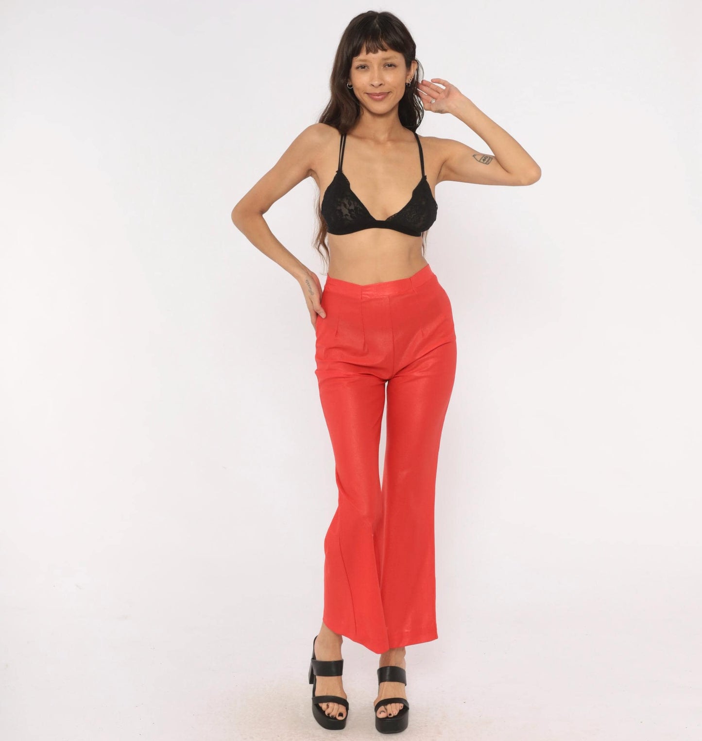 70s Habella Neon Coral Flare Pants High Waist Bell Bottom Acetate XS