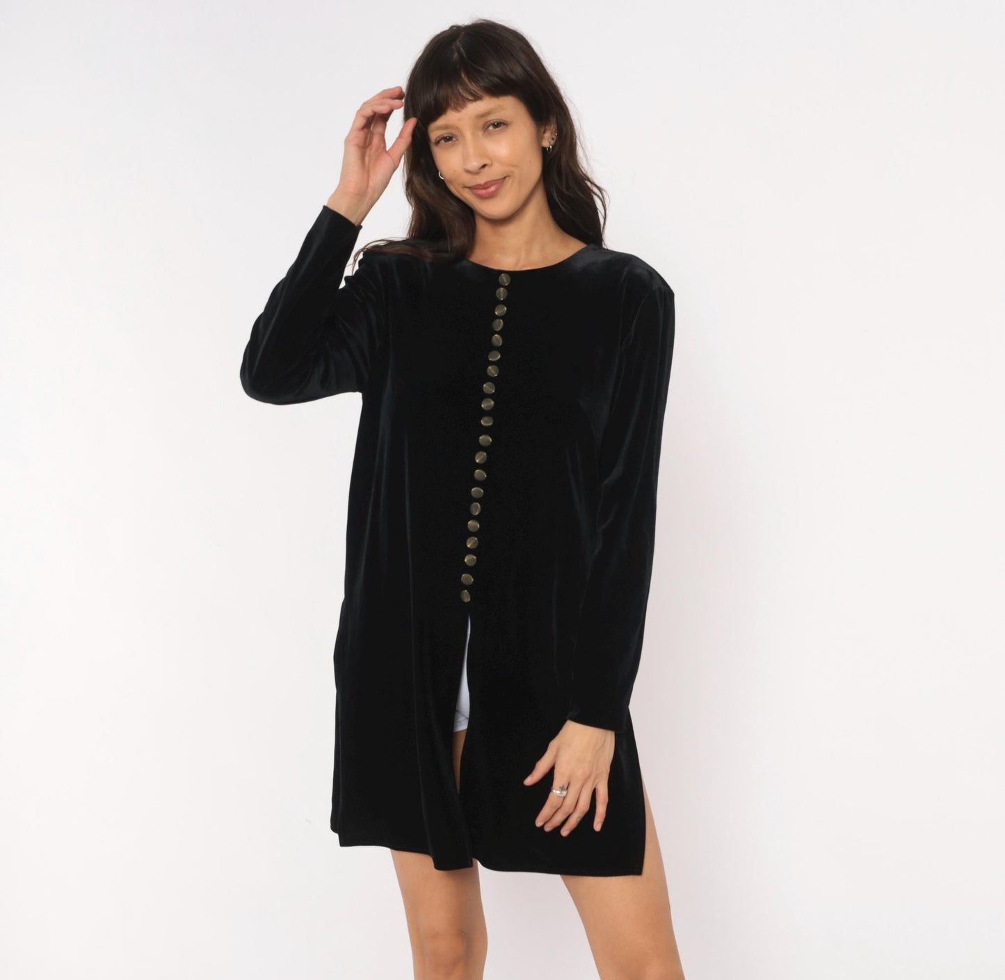 90s Hillard & Hanson Black Velvet Mini Dress Brass Buttons Long Sleeve Large