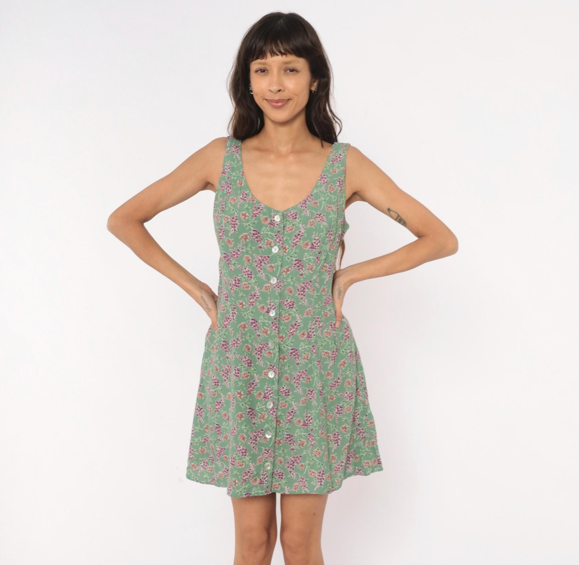 90s Robbie Bee Floral Mini Sundress Sage Green Button Front Large