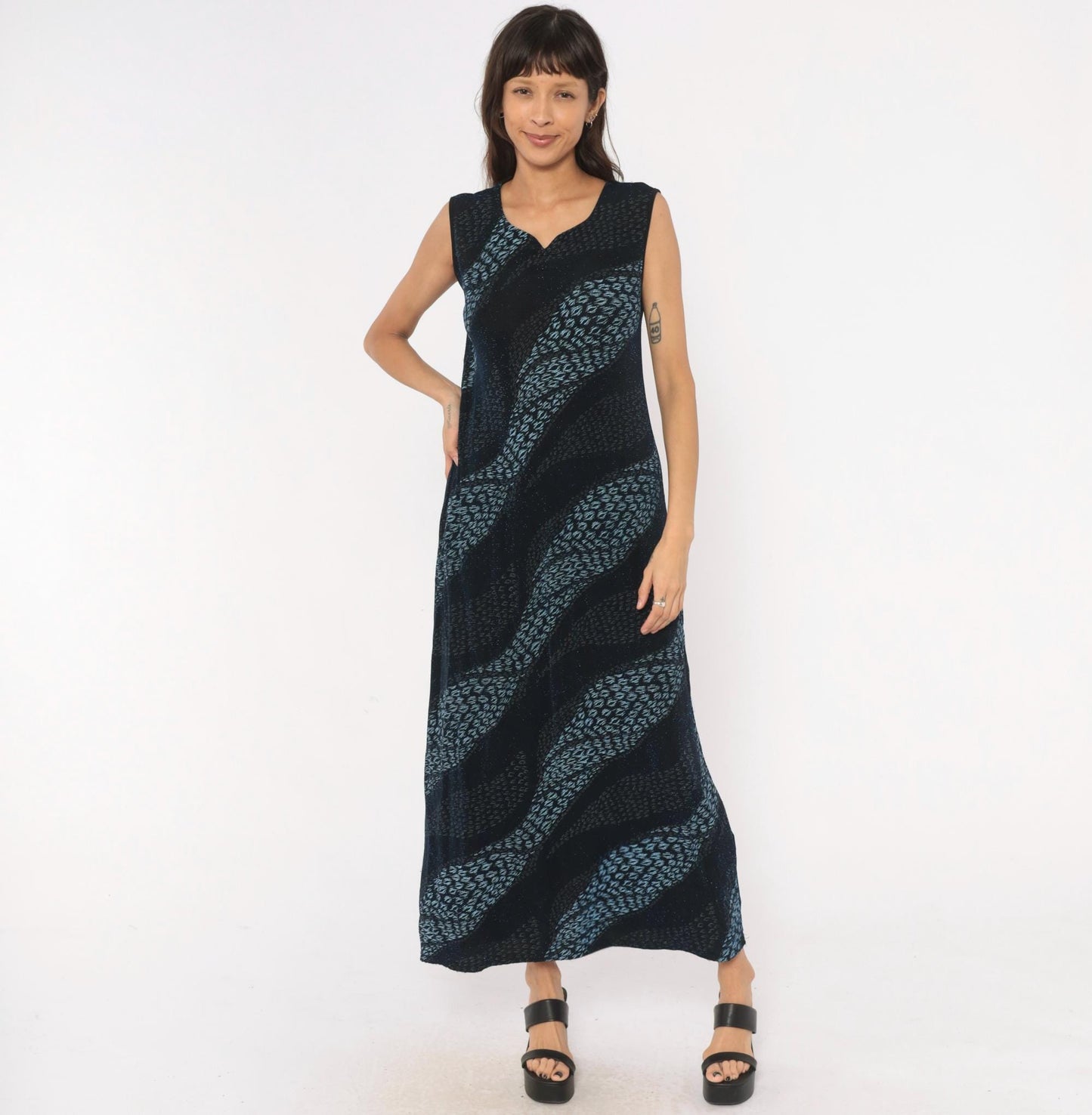 90s Black Blue Leopard Stripe Maxi Dress Sleeveless V Neck Extra Large XL