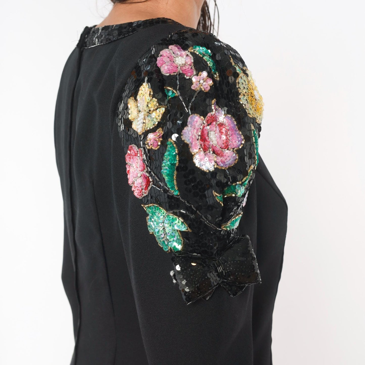 90s Jack Bryan Black Sequin Floral Shift Dress Puff Sleeve Small Medium