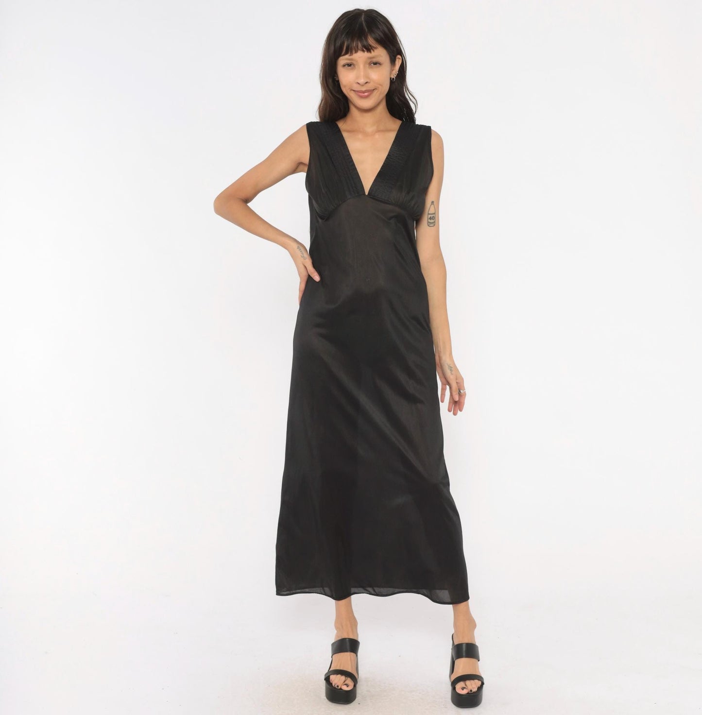 90s Black Sheer Maxi Slip Dress Deep V Neck Empire Waist Medium