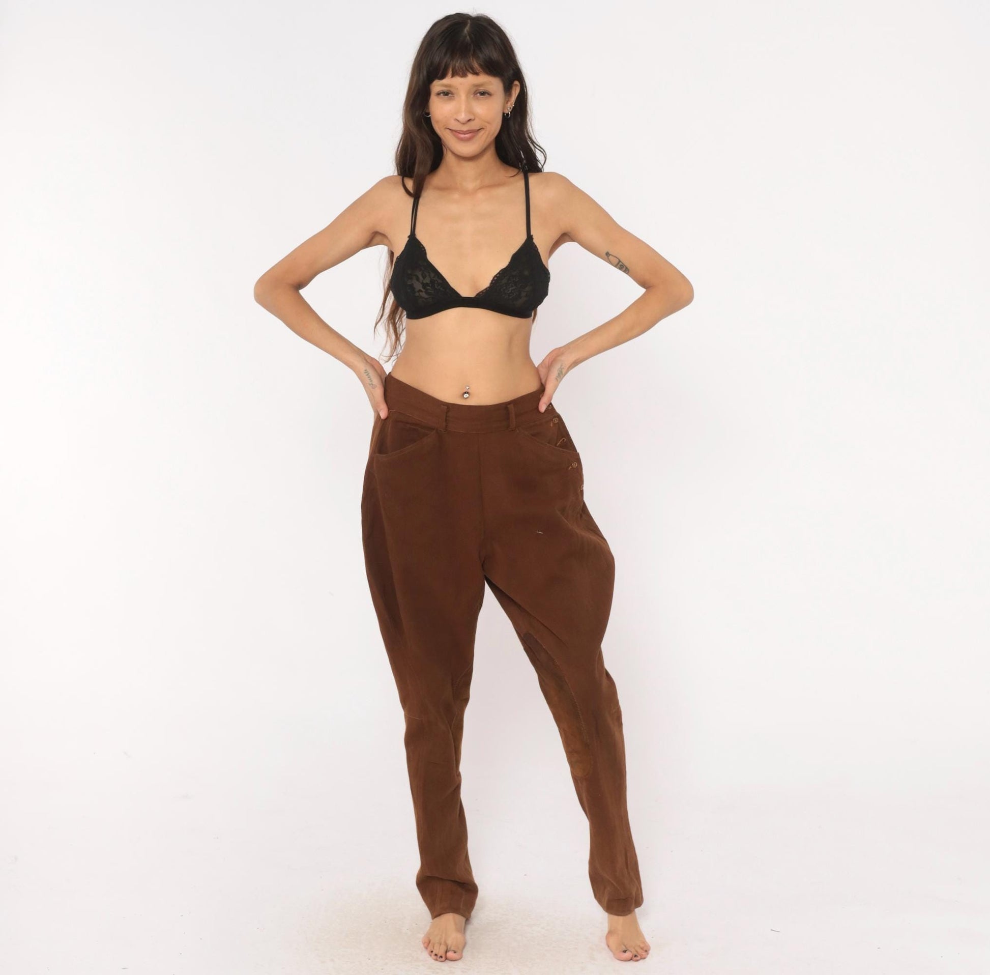 80s Brown Jodhpur Riding Pants High Waist Suede Knee Patch Medium M