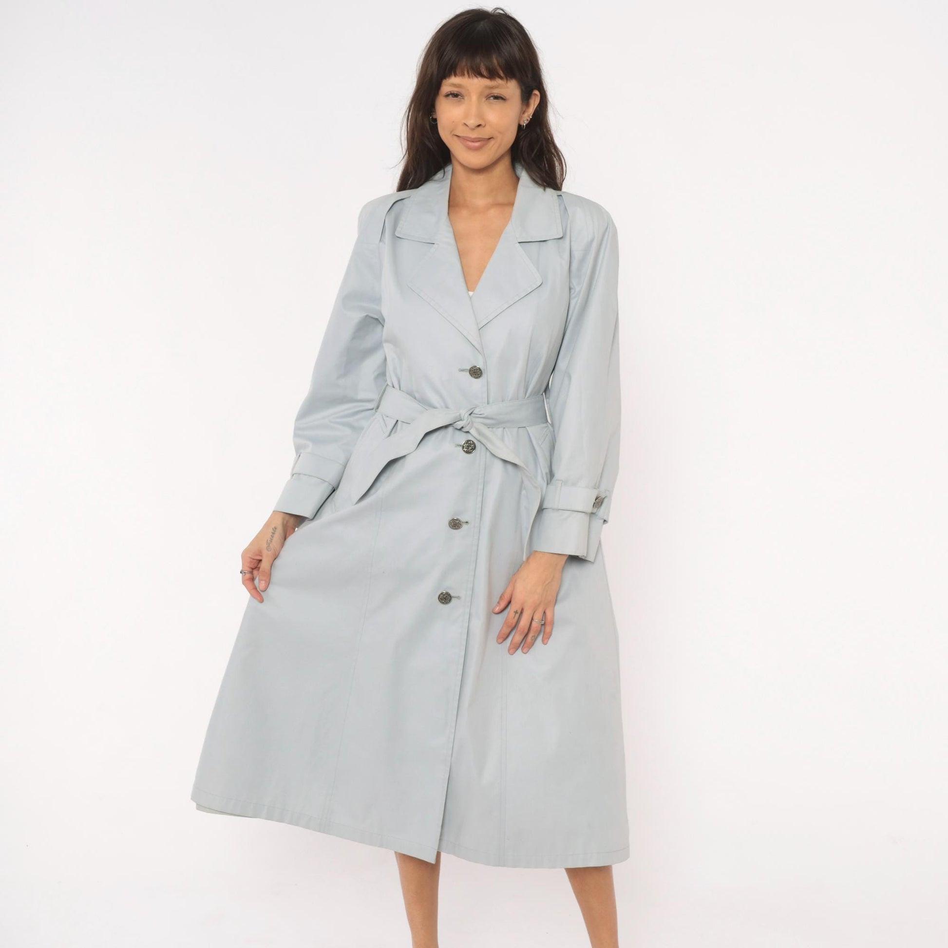 80s London Fog Trench Coat Blue Grey Belted Single Breasted Medium