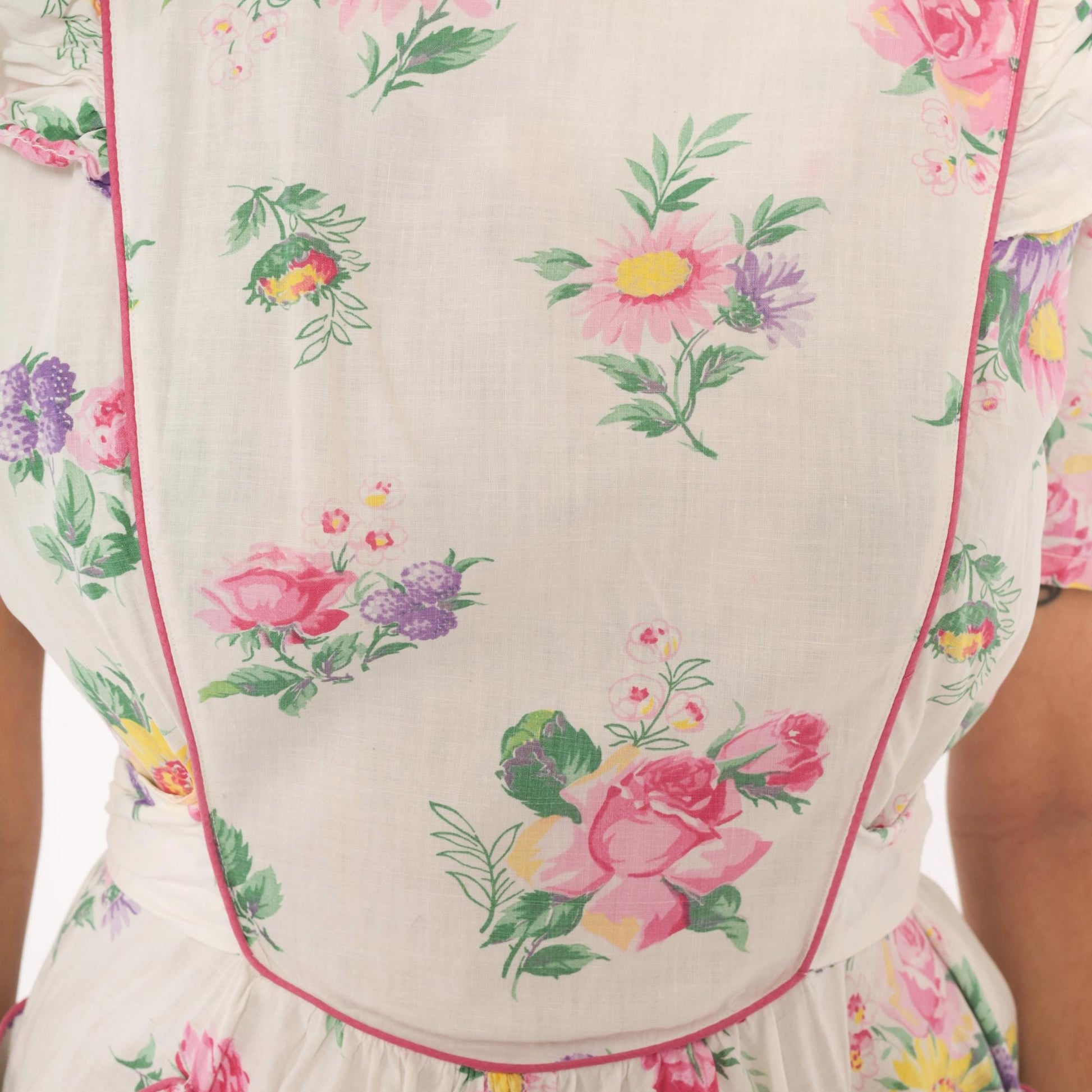 1950s Floral Cotton Dress Puff Sleeve V-Neck Pink White Rose Print Medium